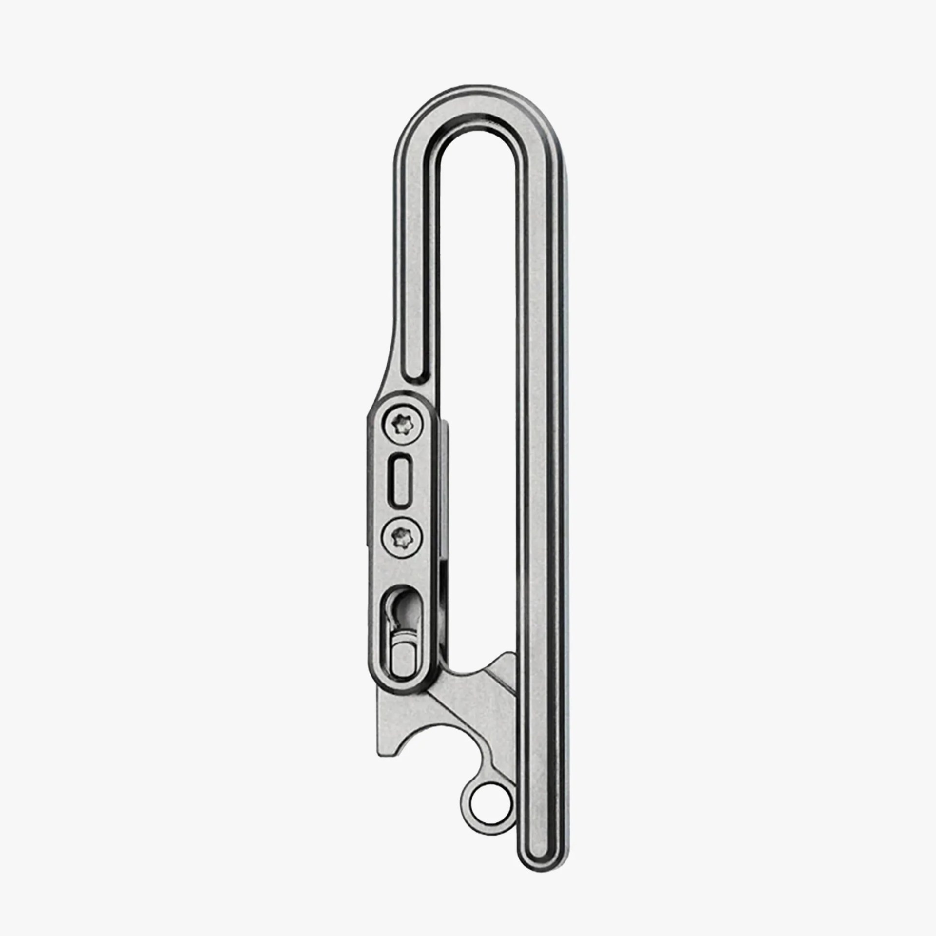 Slim, metallic carabiner with a minimalist design, featuring a locking mechanism with two screws and a small sliding latch. The carabiner has a sleek, elongated oval shape with a small circular hole near the bottom.