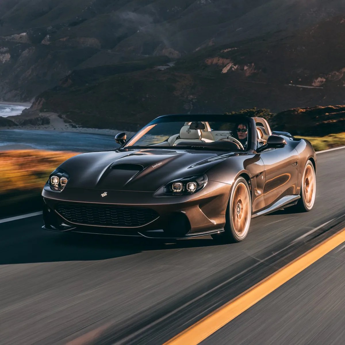 A sleek, dark-colored convertible sports car with gold rims driving on a coastal road, with mountains and the ocean in the background. The car has a low, aerodynamic design and a person wearing sunglasses is visible behind the wheel.