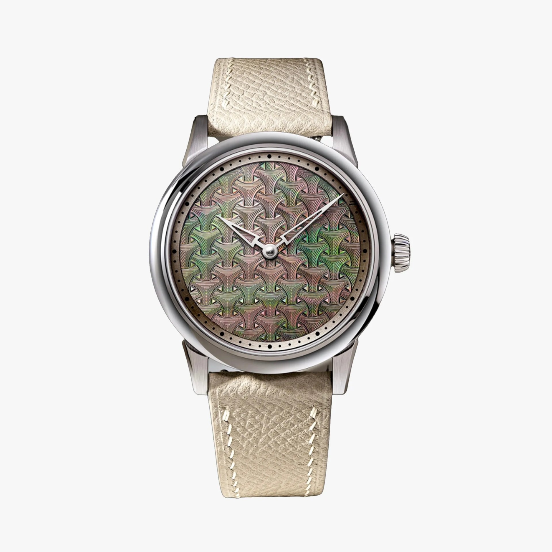 Round wristwatch with a polished silver metal case and a textured beige leather strap featuring visible stitching. The watch face has a unique, intricate geometric pattern in shades of green, pink, and brown, with small black dots marking the hours around the edge. The watch hands are silver, with the hour and minute hands being broad and the second hand thin and long.