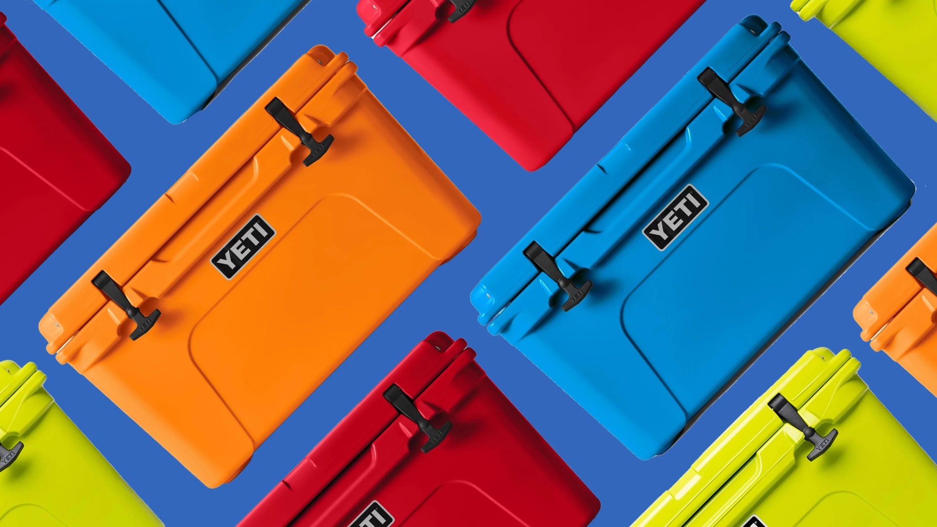 a pattern of brightly colored Yeti Tundra hard coolers shown at an angle in diagonal rows