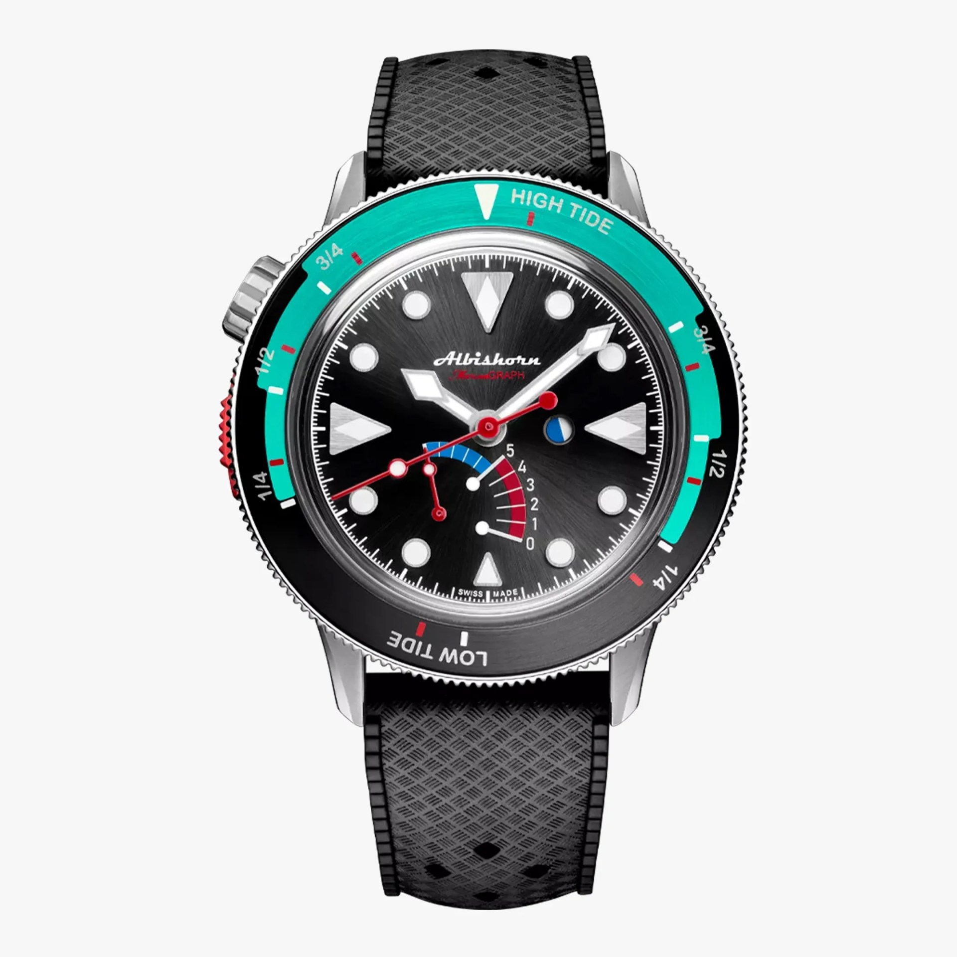 Black dial albishorn wristwatch with large white hour markers and hands, featuring a red second hand and additional red and blue sub-dials. The bezel is black and turquoise with white and red markings indicating "HIGH TIDE" and "LOW TIDE." The watch has a textured black strap and a silver case. The brand name "Albishorn" is displayed on the dial.