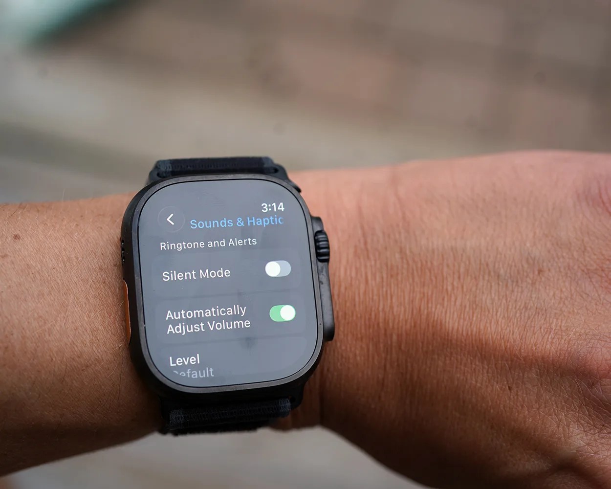 Smartwatch on a wrist displaying the "Sounds & Haptic" settings screen, showing options for Silent Mode (off) and Automatically Adjust Volume (on). The time on the watch is 3:14.
