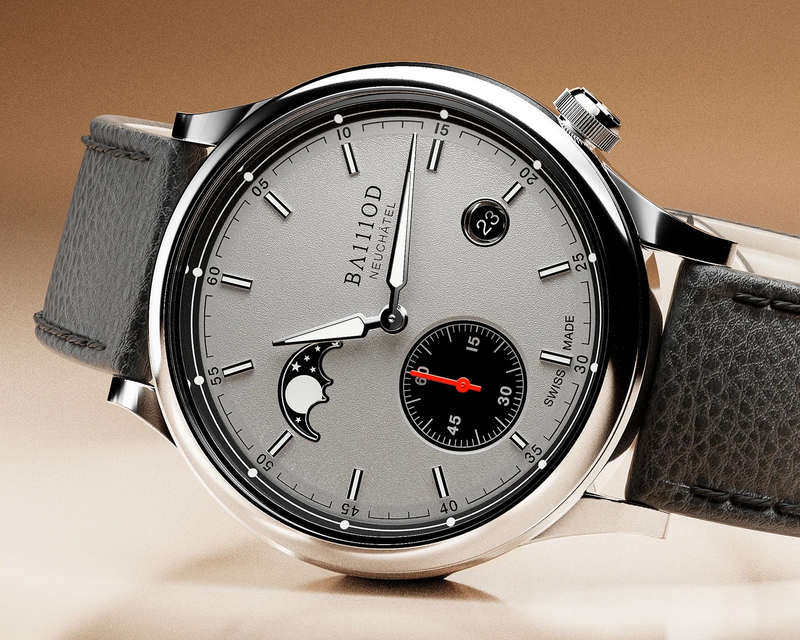 Silver wristwatch with a textured dial featuring black hour markers and hands. It has a moon phase indicator at the 9 o'clock position, a small black seconds subdial with a red hand at the 6 o'clock position, and a date window showing "23" near the 2 o'clock position. The watch has a polished silver case and a dark gray leather strap. The brand name "BA111OD NEUCHATEL" and "SWISS MADE" are printed on the dial.