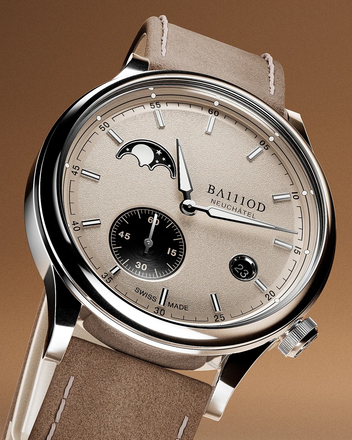 A close-up of a luxury wristwatch with a beige textured dial and a polished silver case. The watch features silver hour markers and hands, a moon phase indicator at the 11 o'clock position, a small seconds subdial at the 7 o'clock position, and a date window at the 4 o'clock position displaying the number 23. The dial is marked with "BA111OD NEUCHATEL" and "SWISS MADE." The watch is paired with a light brown leather strap with visible stitching.