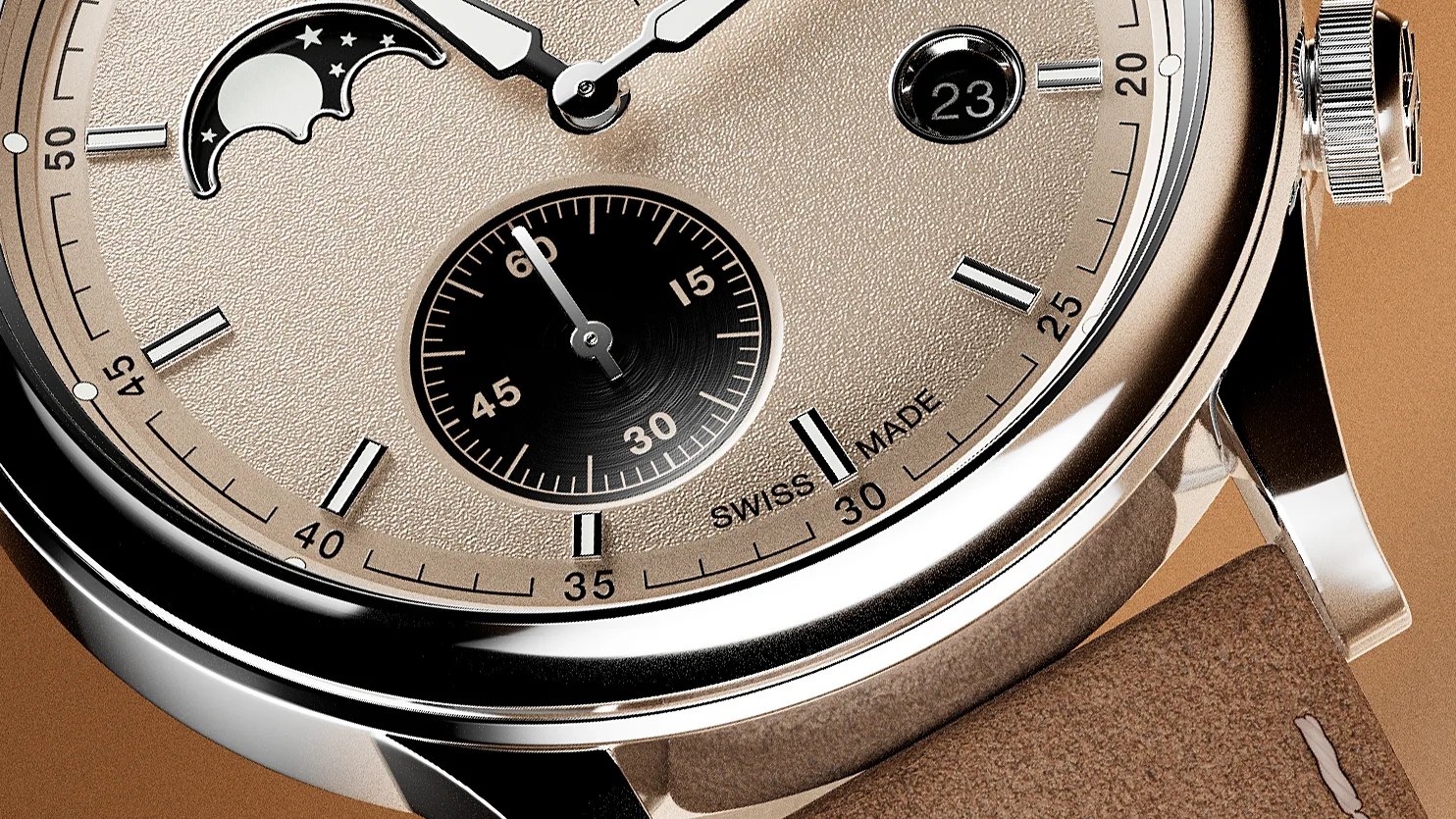 Close-up of a luxury watch face with a textured beige dial, black subdial with minute markings, moon phase indicator, date window showing "23," and silver hour markers. The watch case is polished metal, and the strap is brown leather. The text "SWISS MADE" is visible near the 30-minute mark.