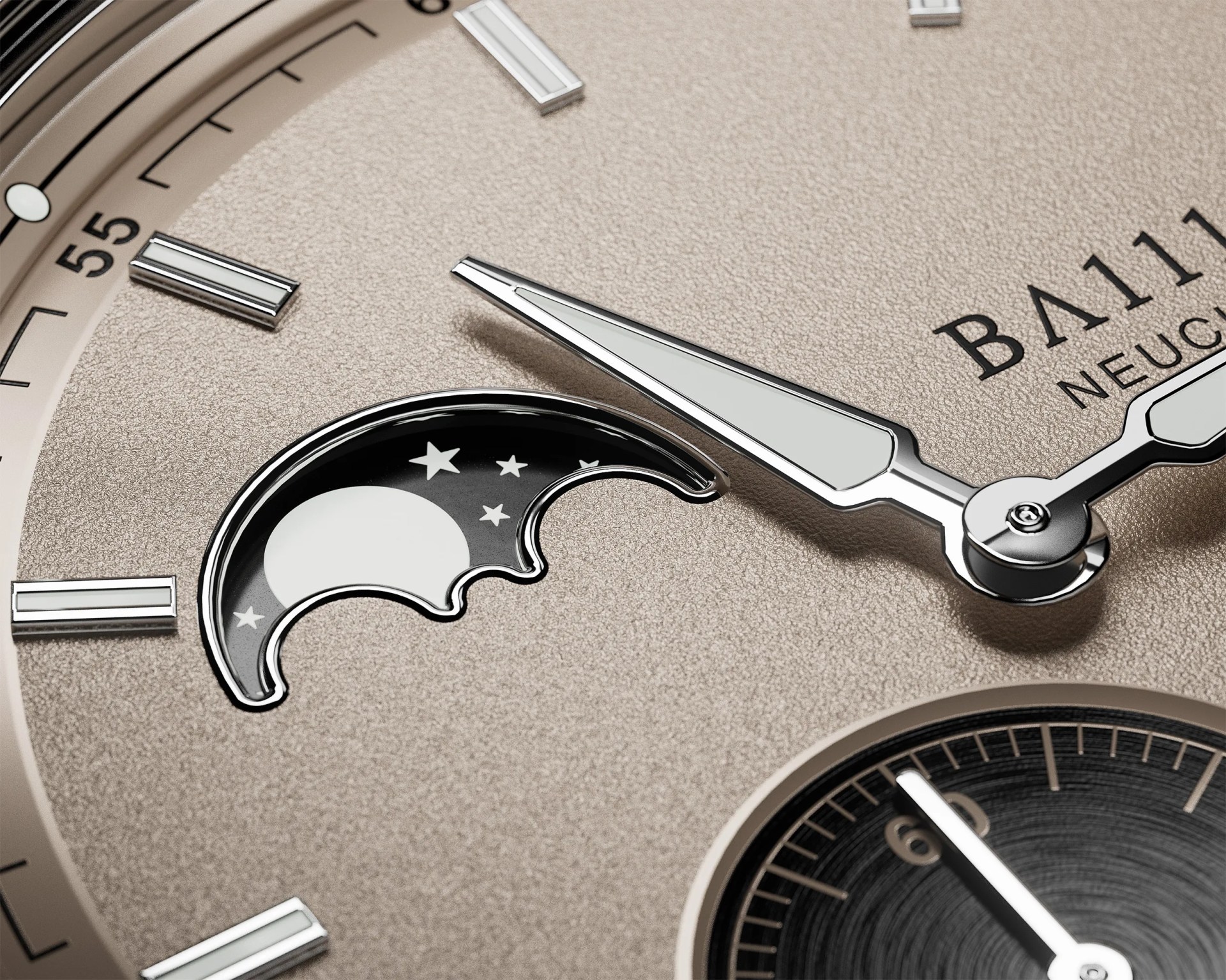 Close-up of a luxury watch face featuring a textured beige dial, polished silver hour and minute hands, and a moon phase indicator with a black background, white moon, and stars. The watch has rectangular silver hour markers and a subdial with fine markings. The brand name "BALL" and "NEUCH" are partially visible on the dial.›