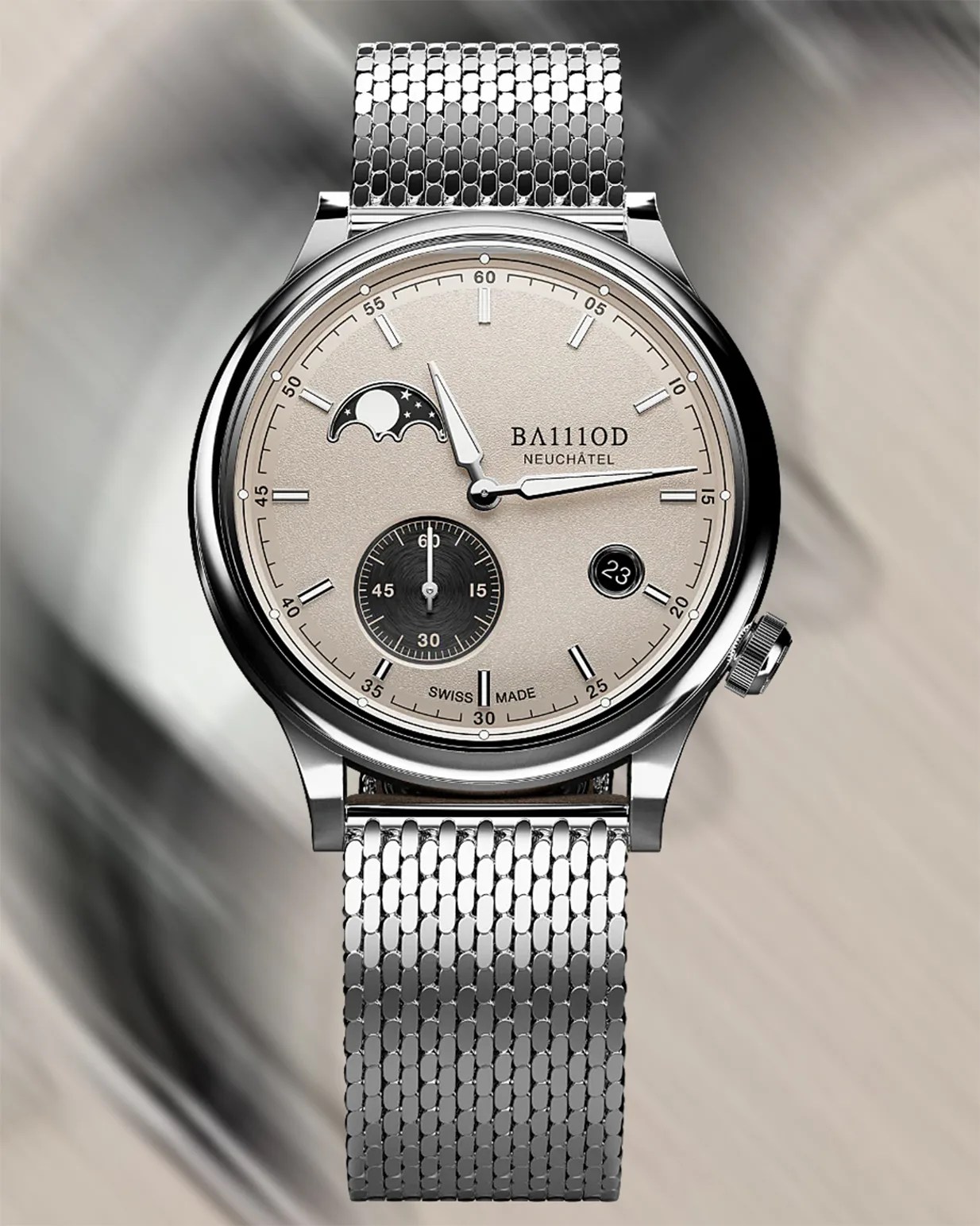Steel wristwatch with a mesh metal band and a beige dial. The watch face features a moon phase indicator at the 10 o'clock position, a small seconds subdial at the 6 o'clock position, and a date window at the 4 o'clock position showing the number 23. The brand name "BA111OD" and "NEUCHÂTEL" are printed below the 12 o'clock position, with "SWISS MADE" at the bottom center. The watch has silver hour markers and hands, with the minute hand pointing near the 3 o'clock mark and the hour hand near the 11 o'clock mark.
