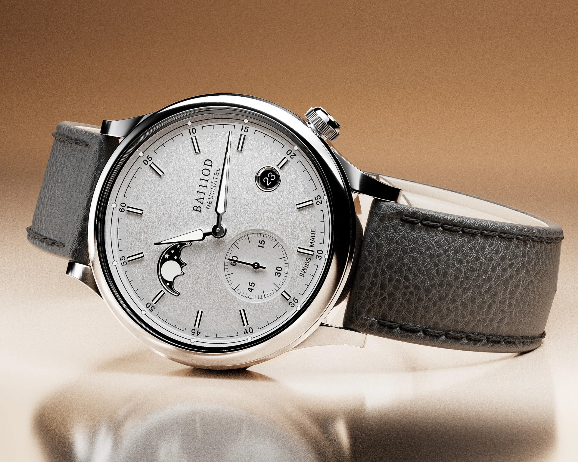 A luxury wristwatch with a silver case and a textured white dial. The watch features black hour markers and hands, a moon phase indicator at the 8 o'clock position, a small seconds subdial at the 6 o'clock position, and a date window at the 2 o'clock position displaying the number 23. The brand name "BA111OD NEUCHATEL" is printed below the 12 o'clock marker, and "SWISS MADE" is printed near the 4 o'clock marker. The watch has a dark gray leather strap with visible stitching. The background is a gradient of warm beige tones.