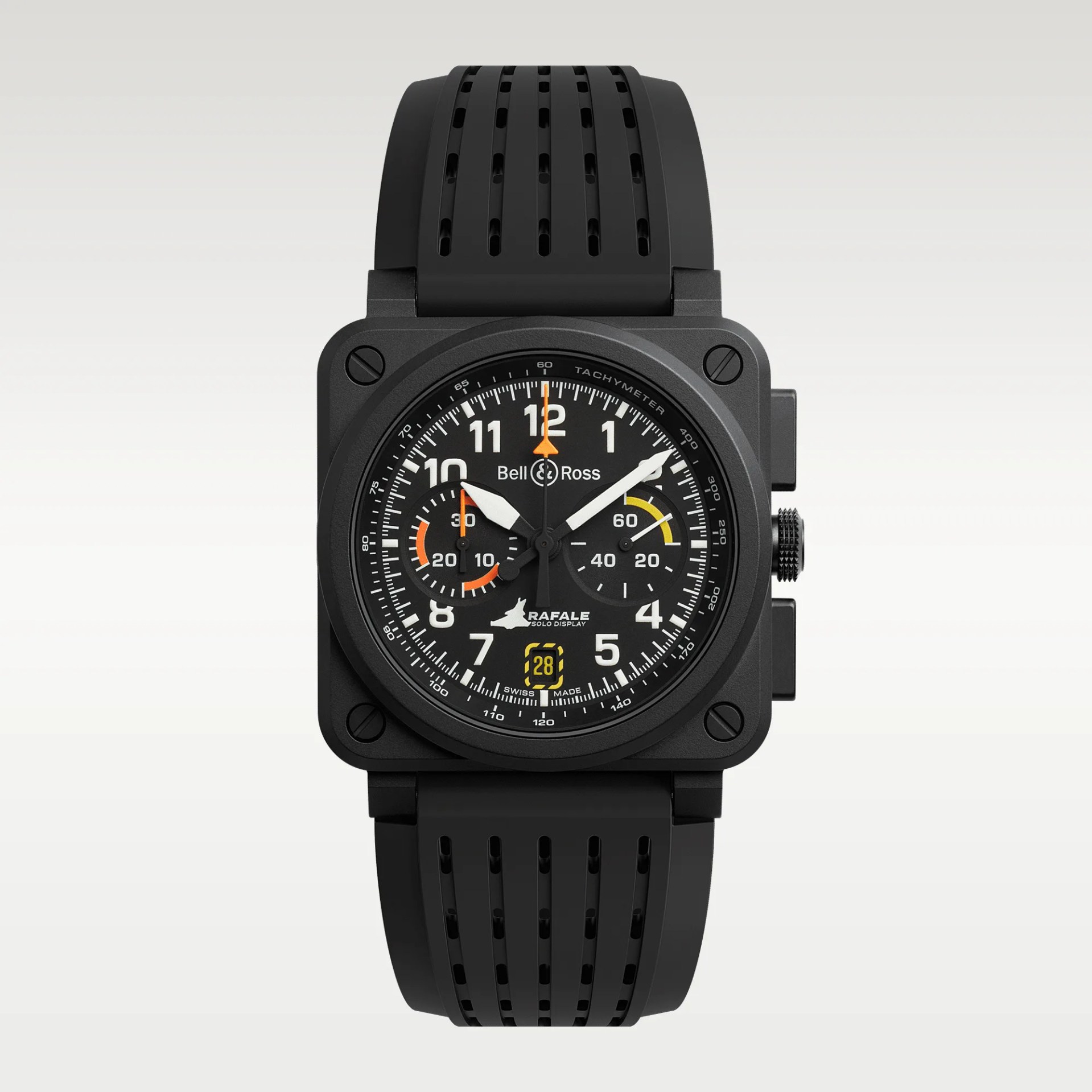 Black Bell & Ross wristwatch with a square case and round dial featuring white numerals and hands, orange and yellow accents, two subdials, a date window at 6 o'clock, and a black perforated rubber strap. The dial includes the text "Bell & Ross," "RAFALE SOLO DISPLAY," and "SWISS MADE.