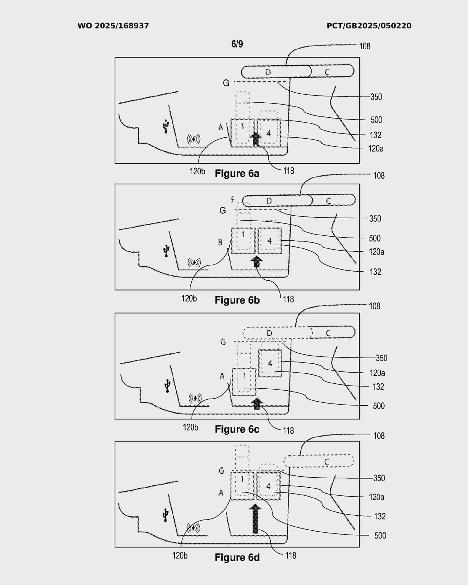 Diagrams labeled Figures 6a to 6d showing a sequence of a user interface with a map and selectable options. Each figure includes a map section with a USB symbol and wireless signal icon on the left, and two numbered square buttons labeled "1" and "4" near the bottom center. Above these buttons is a horizontal bar with two segments labeled "D" and "C." An arrow points upward from the buttons in each figure, indicating interaction or selection. Various reference numbers (108, 118, 120a, 120b, 132, 350, 500) label parts of the interface, with dashed lines showing changes in the highlighted or selected areas across the sequence. The figures illustrate changes in the selection or focus between the buttons and the horizontal bar segments.