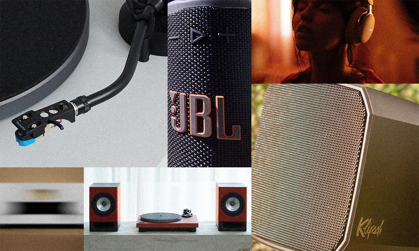 Close-up of a turntable tonearm, a JBL portable Bluetooth speaker with control buttons, a woman wearing over-ear headphones, a pair of bookshelf speakers with a turntable, and a Klipsch speaker with a metal grille.