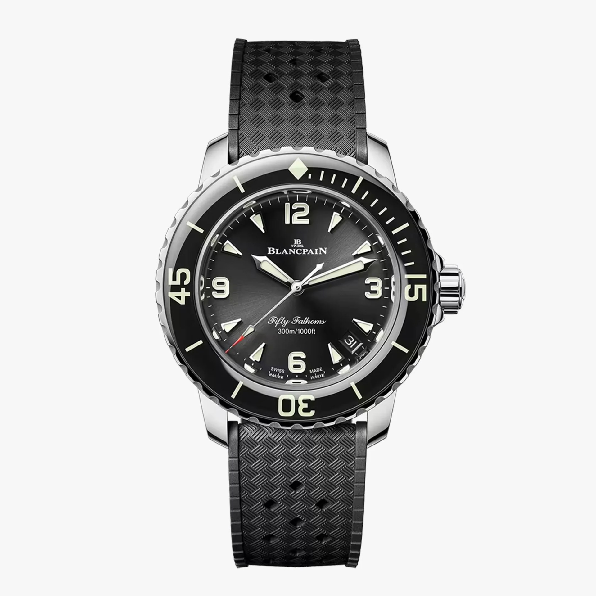 Blancpain Fifty Fathoms dive watch with a black dial, luminous hour markers, and hands. The watch features a unidirectional rotating bezel with large numerals at 15, 30, and 45 minutes. It has a date window between the 4 and 5 o'clock positions and a textured black rubber strap. The watch is water-resistant to 300 meters (1000 feet).