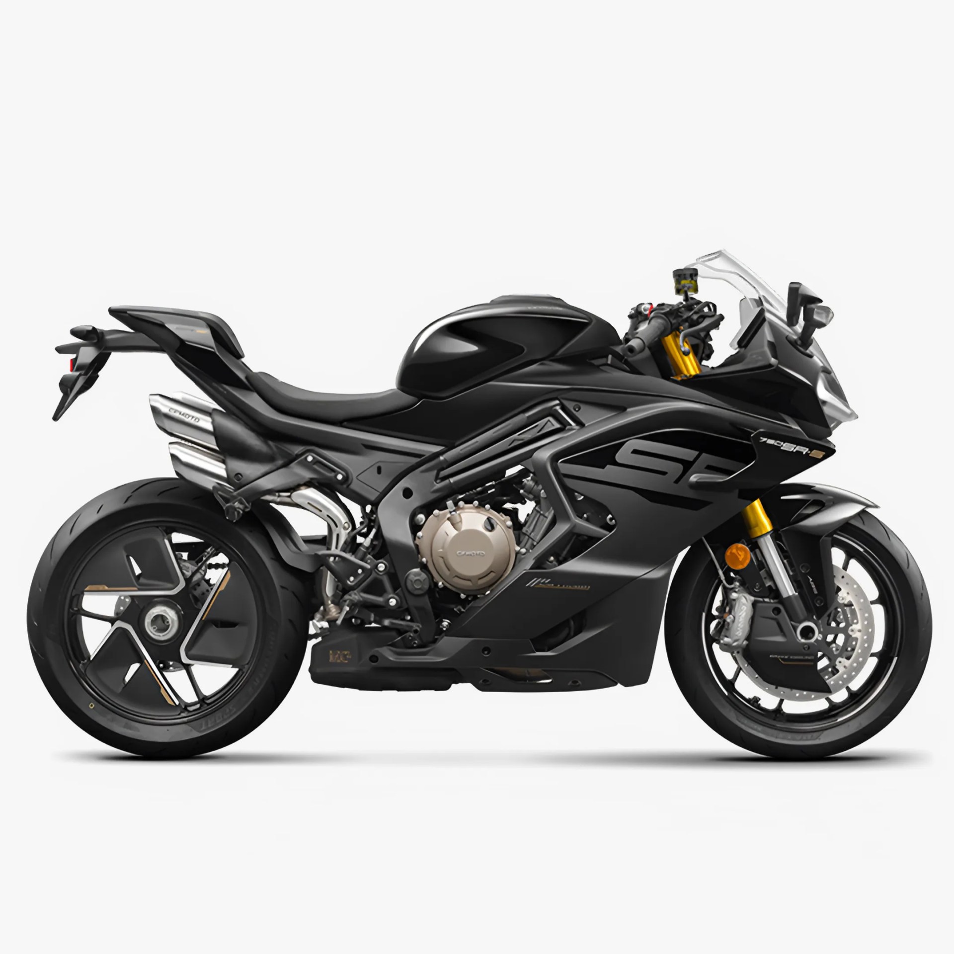 Black sport motorcycle with a sleek, aerodynamic design featuring a low-profile seat, dual exhaust pipes on the right side, gold front suspension forks, and large disc brakes on both wheels. The body has angular lines and a matte finish with subtle branding and decals.