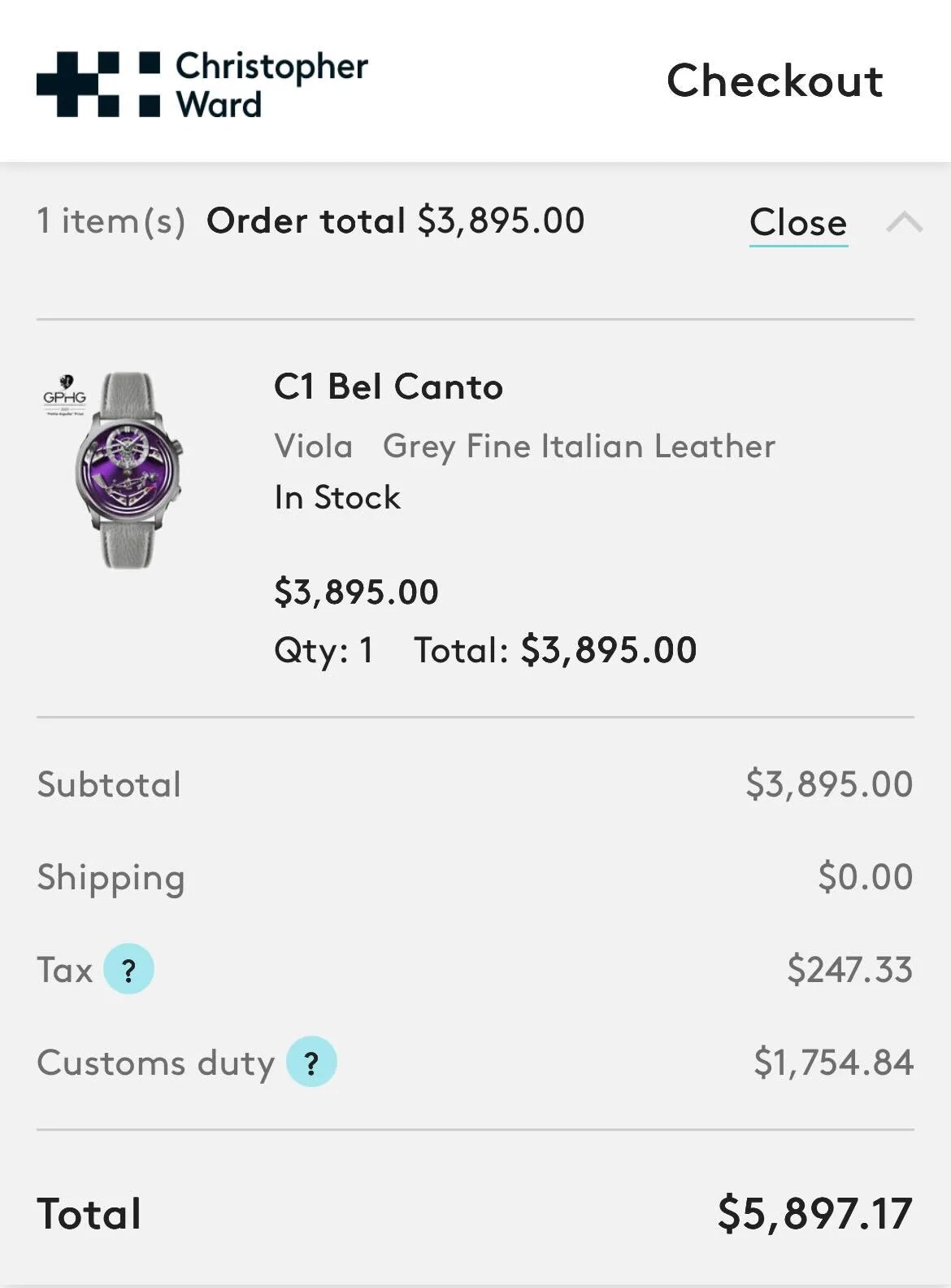 a christopher ward watch checkout screen