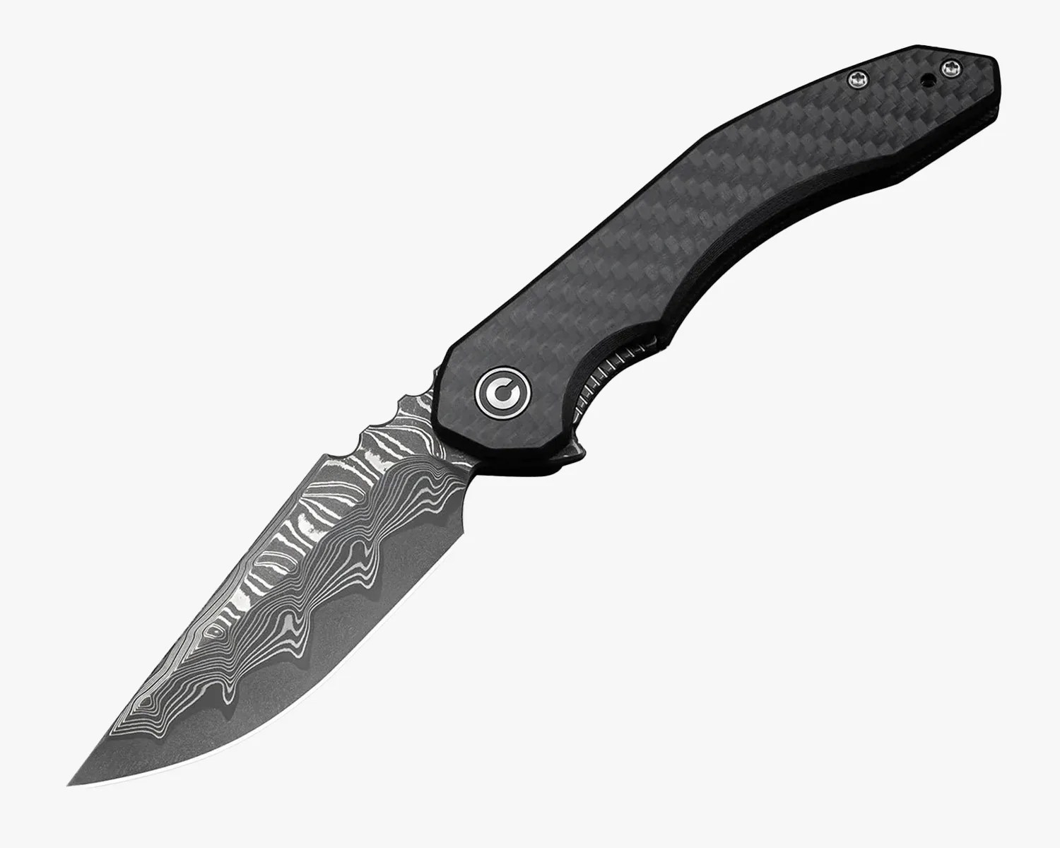 Folding knife with a patterned Damascus steel blade and a black carbon fiber handle featuring a textured grip and a circular emblem near the pivot.