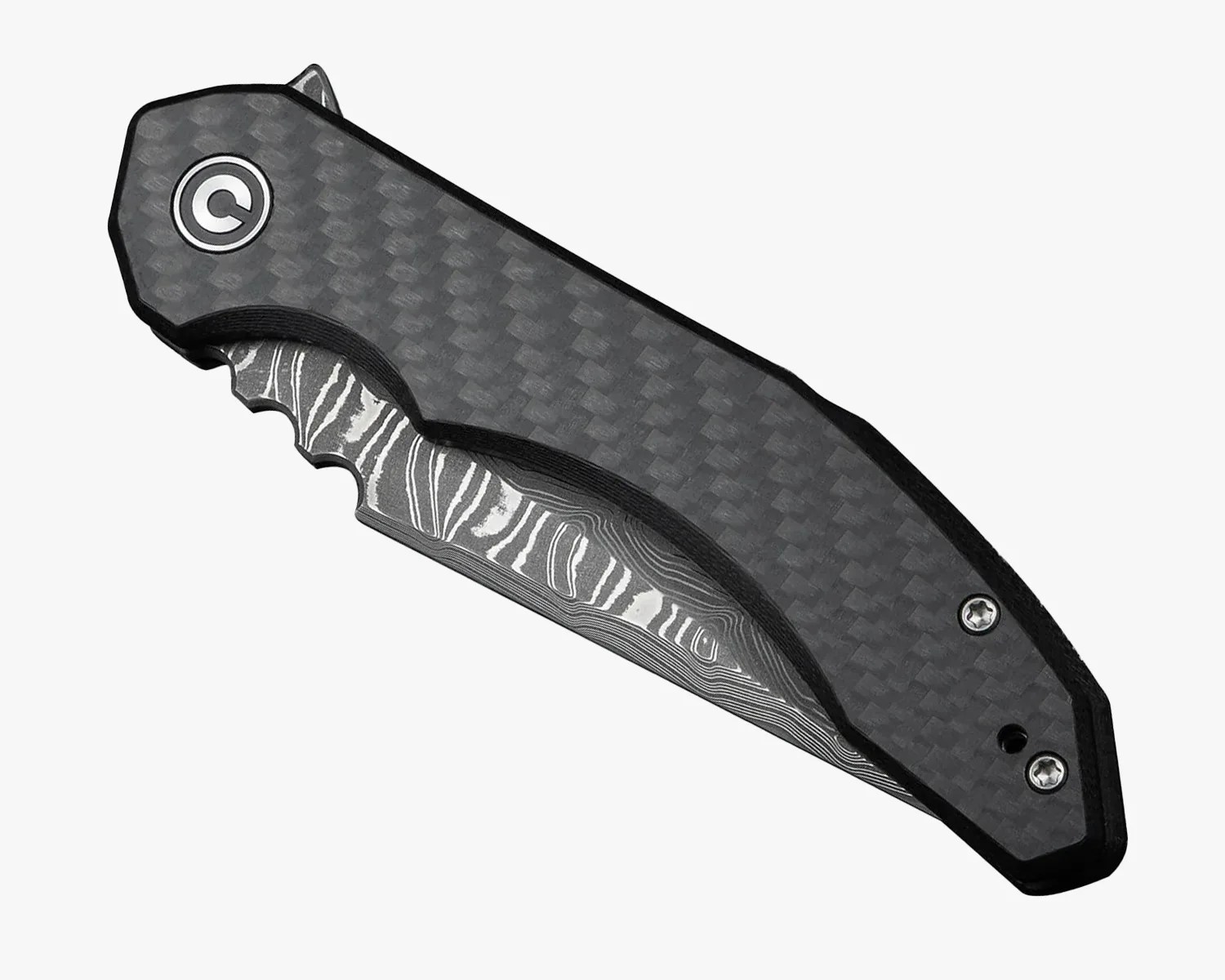 Folding pocket knife with a carbon fiber handle and a partially visible Damascus steel blade featuring a wavy pattern. The handle has a circular logo near the pivot and two screws near the end.