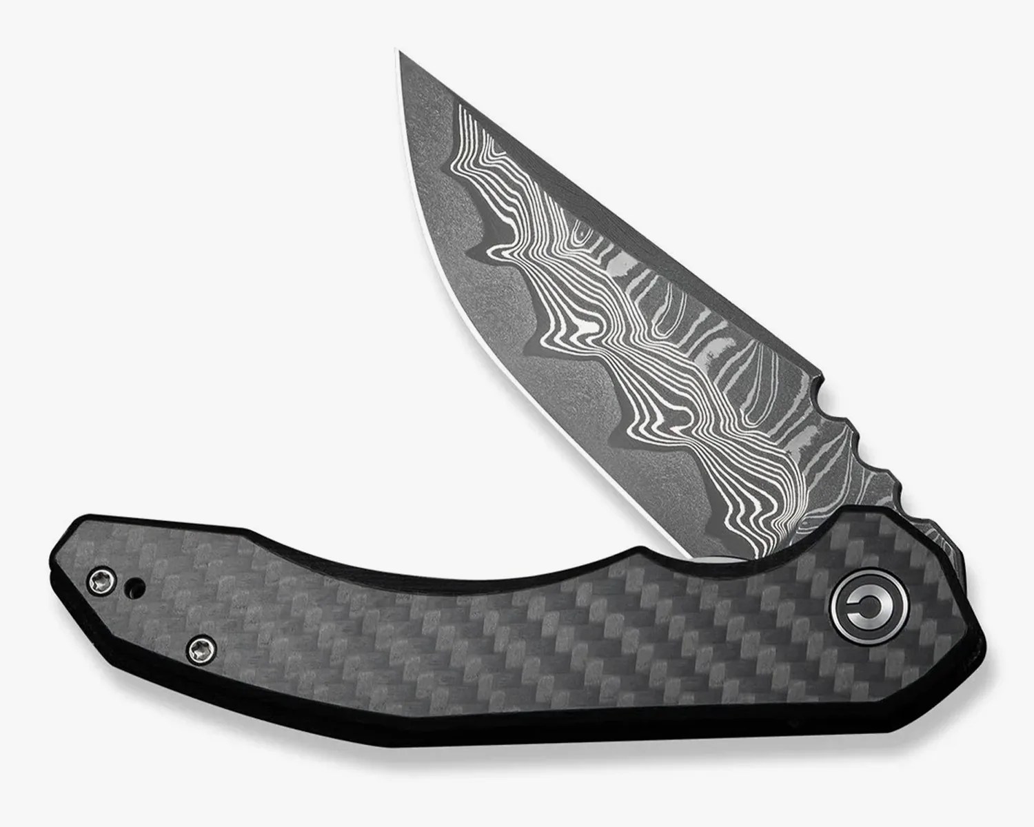 Folding knife with a patterned Damascus steel blade and a textured carbon fiber handle. The blade features a wavy, layered design typical of Damascus steel, and the handle has a sleek, dark carbon fiber finish with visible screws and a circular pivot mechanism.