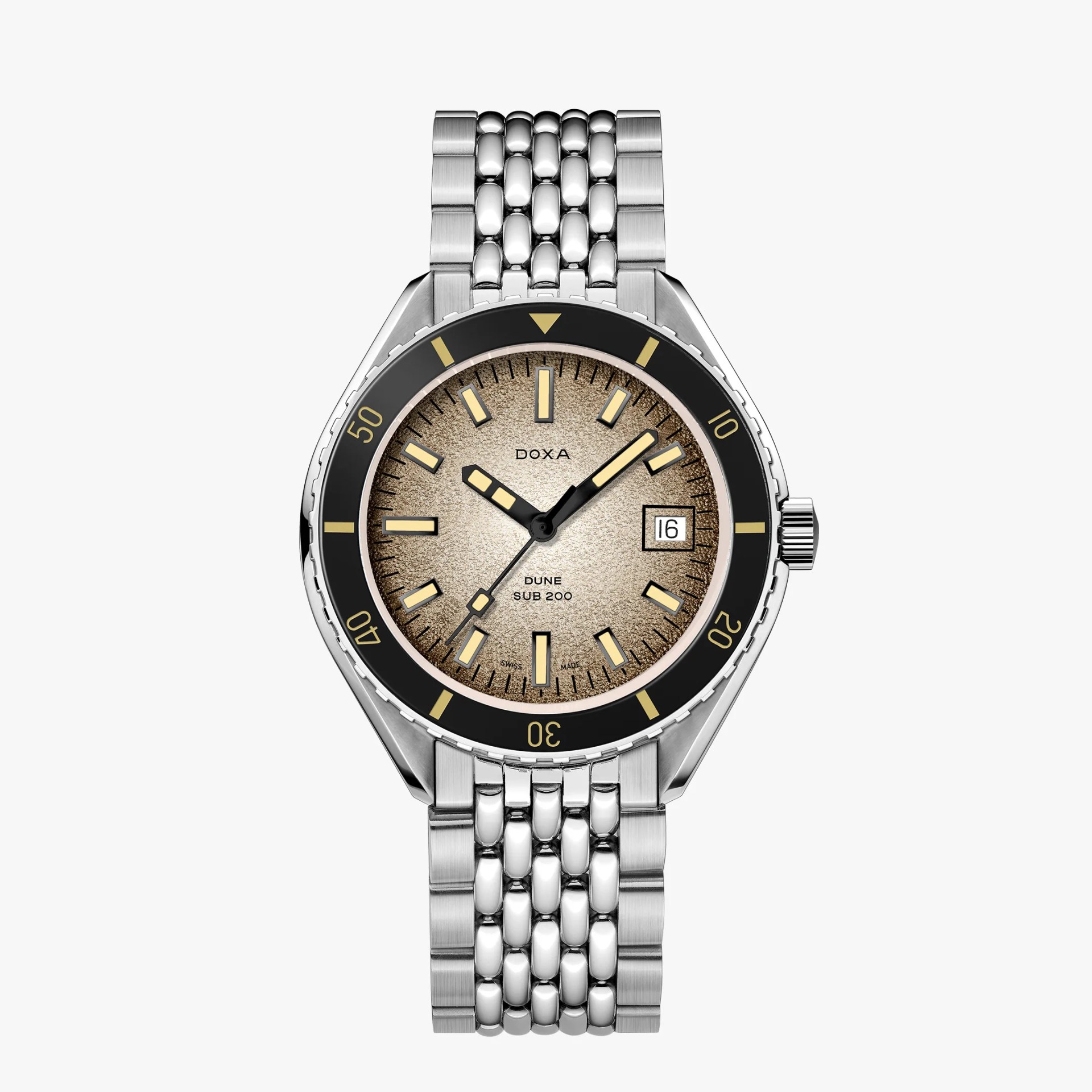 Silver stainless steel wristwatch with a textured beige dial, black bezel with yellow markings, and a date window at 3 o'clock. The dial features rectangular yellow hour markers and black hands with yellow accents. The watch has a multi-link stainless steel bracelet. The brand name "DOXA" and model "DUNE SUB 200" are printed on the dial.
