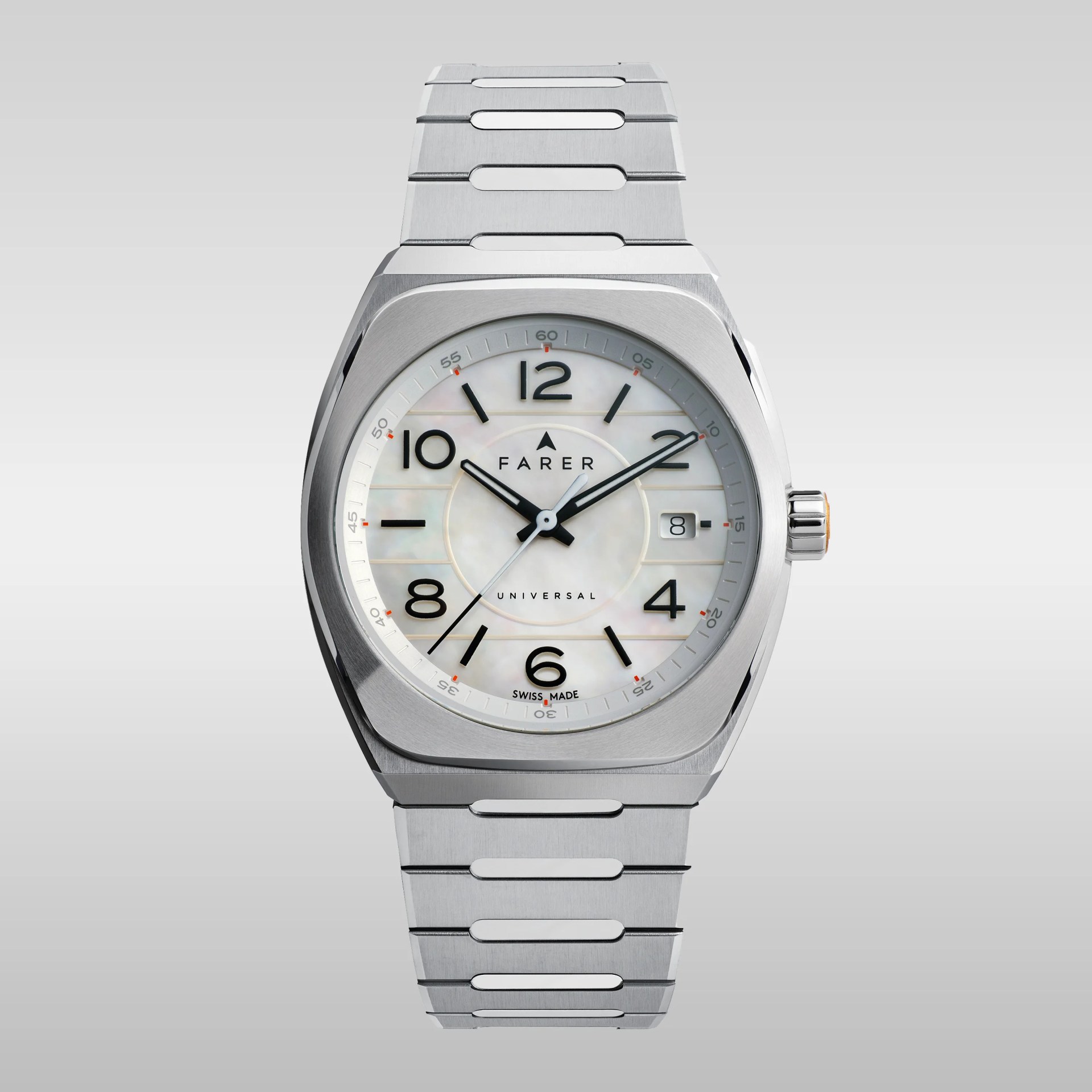 Stainless steel wristwatch with a brushed metal finish and integrated bracelet. The dial is mother-of-pearl with black Arabic numerals and black hour and minute hands. A date window is located at 3 o'clock. The watch face includes the brand name "Farer," the word "Universal," and "Swiss Made" at the bottom. The second hand is thin and silver, and the bezel has a rounded square shape.