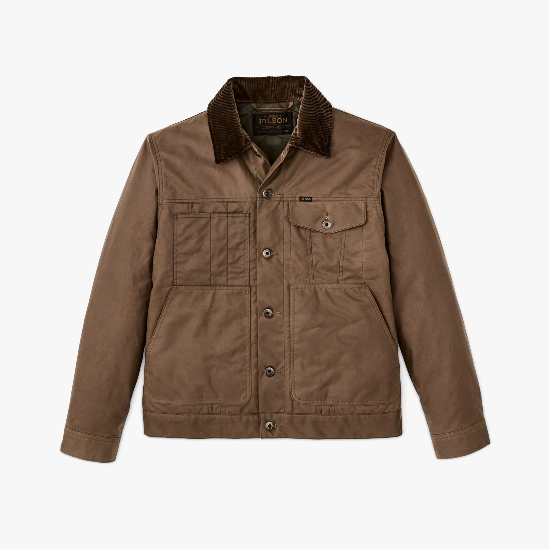 Brown button-up jacket with a dark brown corduroy collar, featuring multiple front pockets including a buttoned flap pocket on the left chest and two large lower pockets.