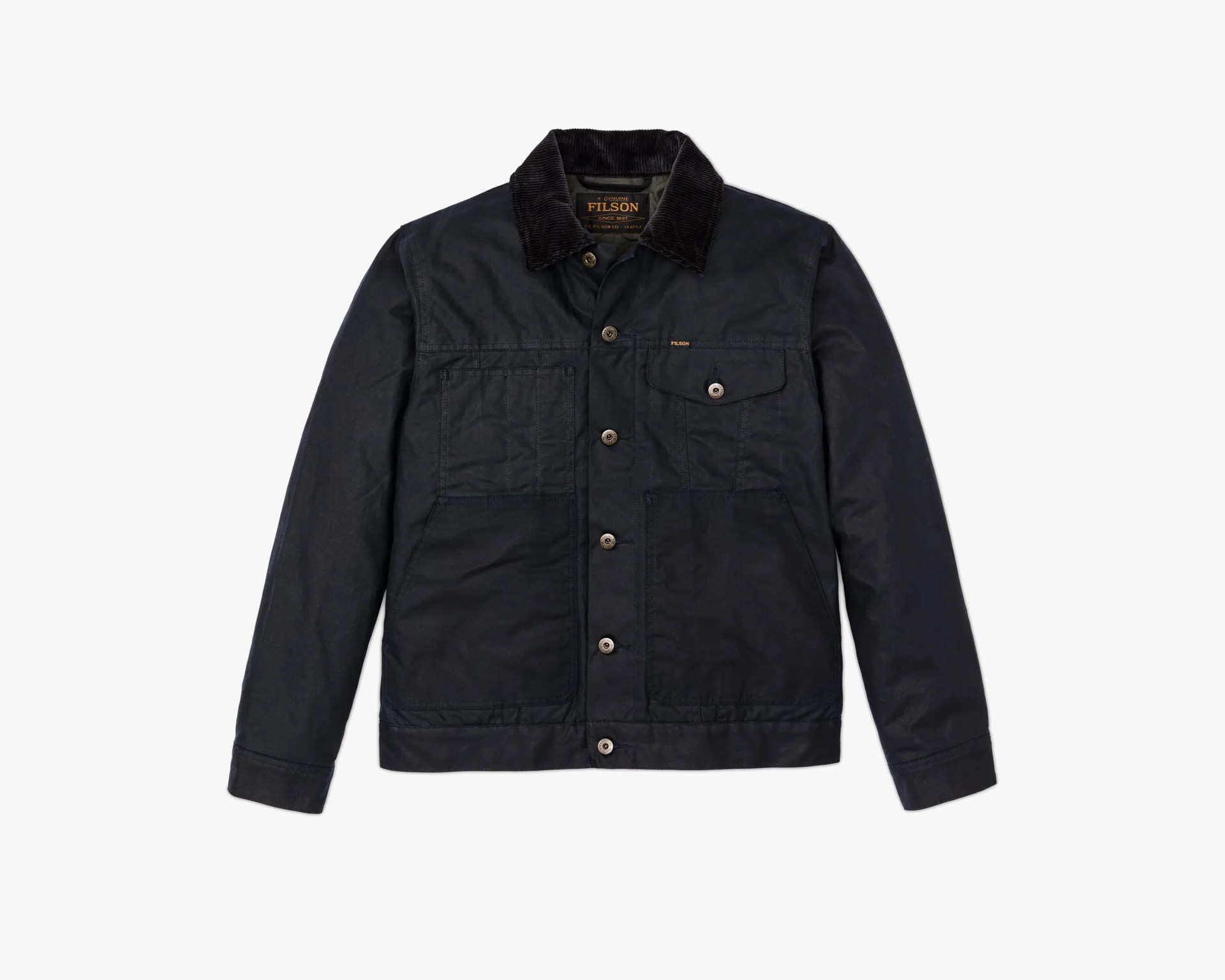 Black waxed cotton jacket with a dark corduroy collar, button front closure, and multiple front pockets including a button-flap chest pocket.