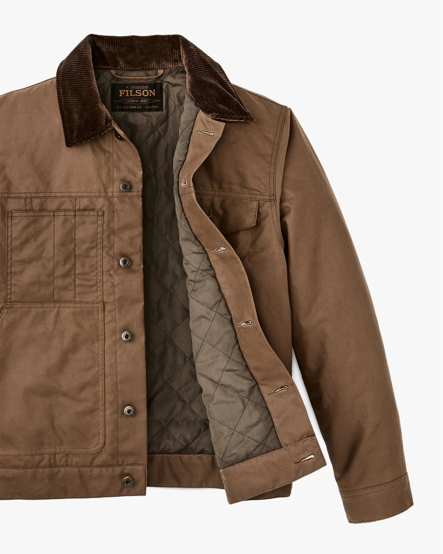 Brown jacket with a dark brown corduroy collar, quilted inner lining, snap button closure, and multiple front pockets. The jacket is partially open, showing the interior lining and buttonholes.