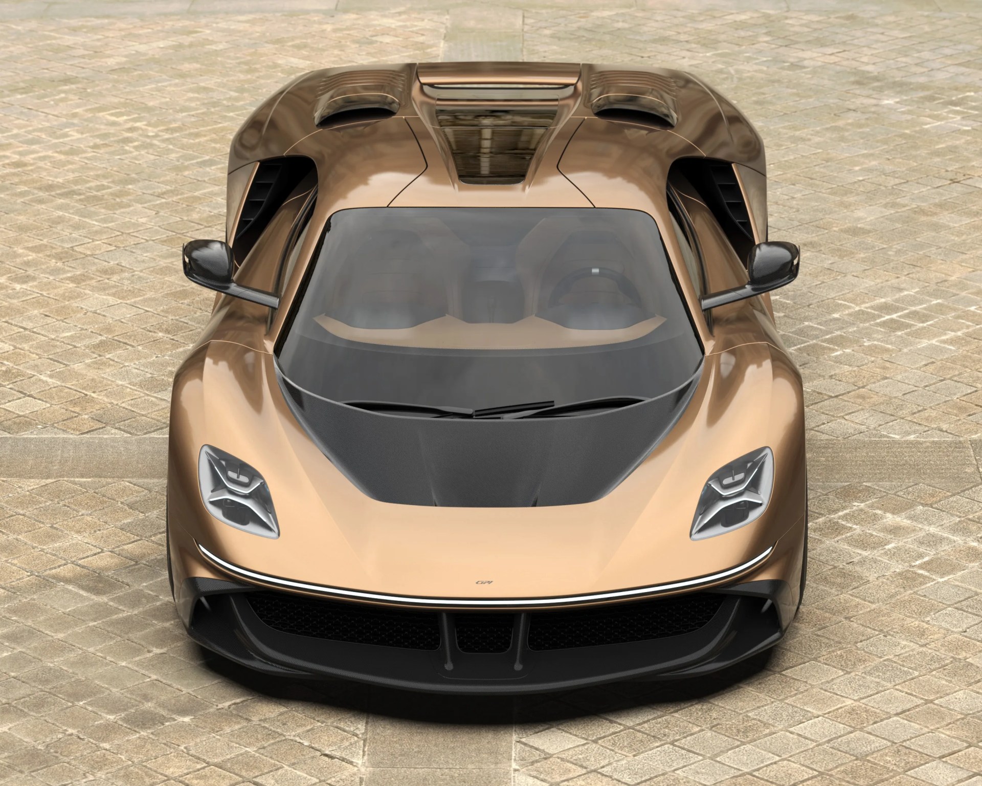 a rendering of a bronze hypercar on a stone backdrop