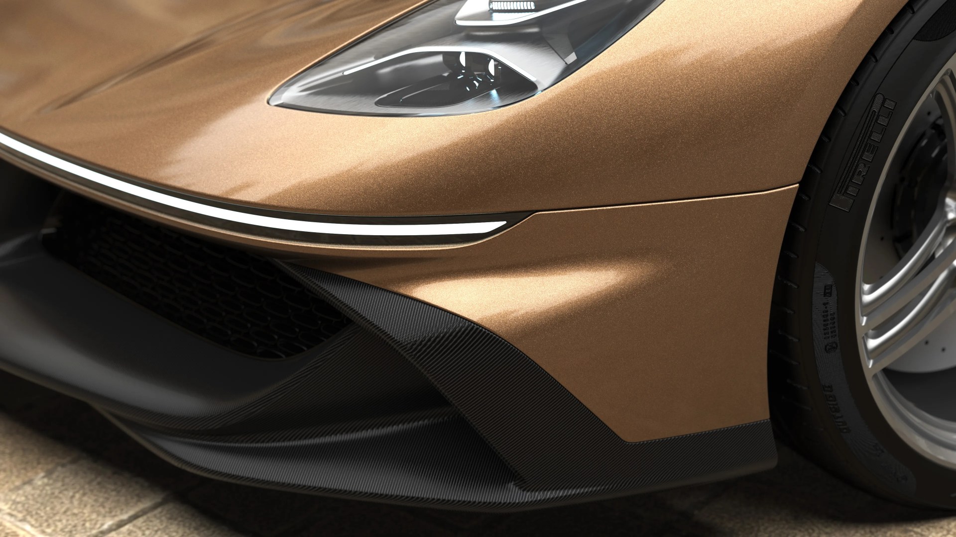 a close-up rendering of a hypercar front-end