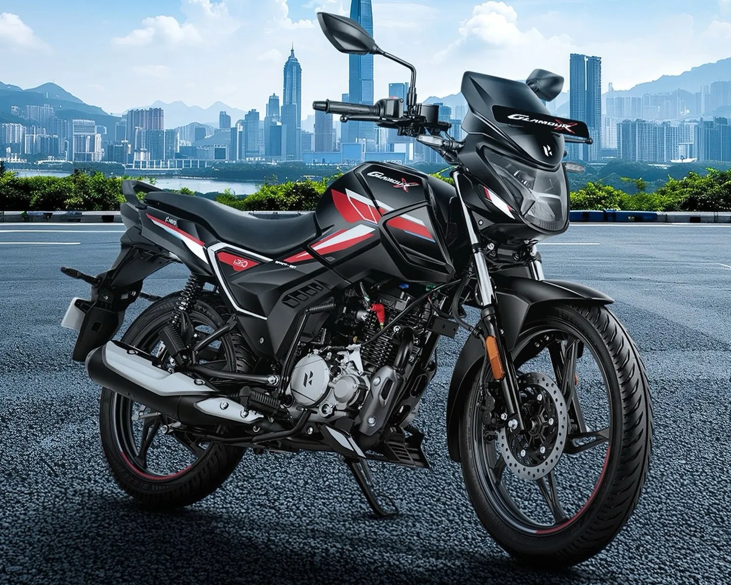 Black and red commuter motorcycle with sporty decals, featuring a front disc brake, rear suspension springs, and a sleek aerodynamic design, parked on an asphalt road with a city skyline and mountains in the background.
