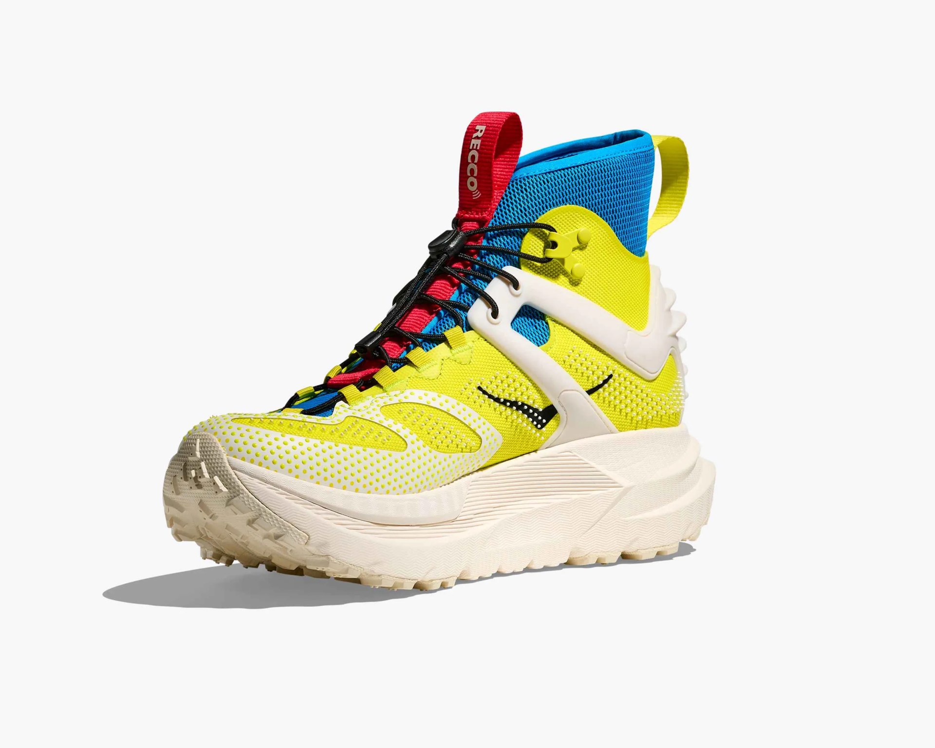 High-top athletic shoe with a chunky off-white sole, bright yellow mesh upper, blue ankle collar, and red tongue pull tab labeled "RECCO." Features black laces with a toggle, white supportive overlays, and a small black swoosh logo on the side.