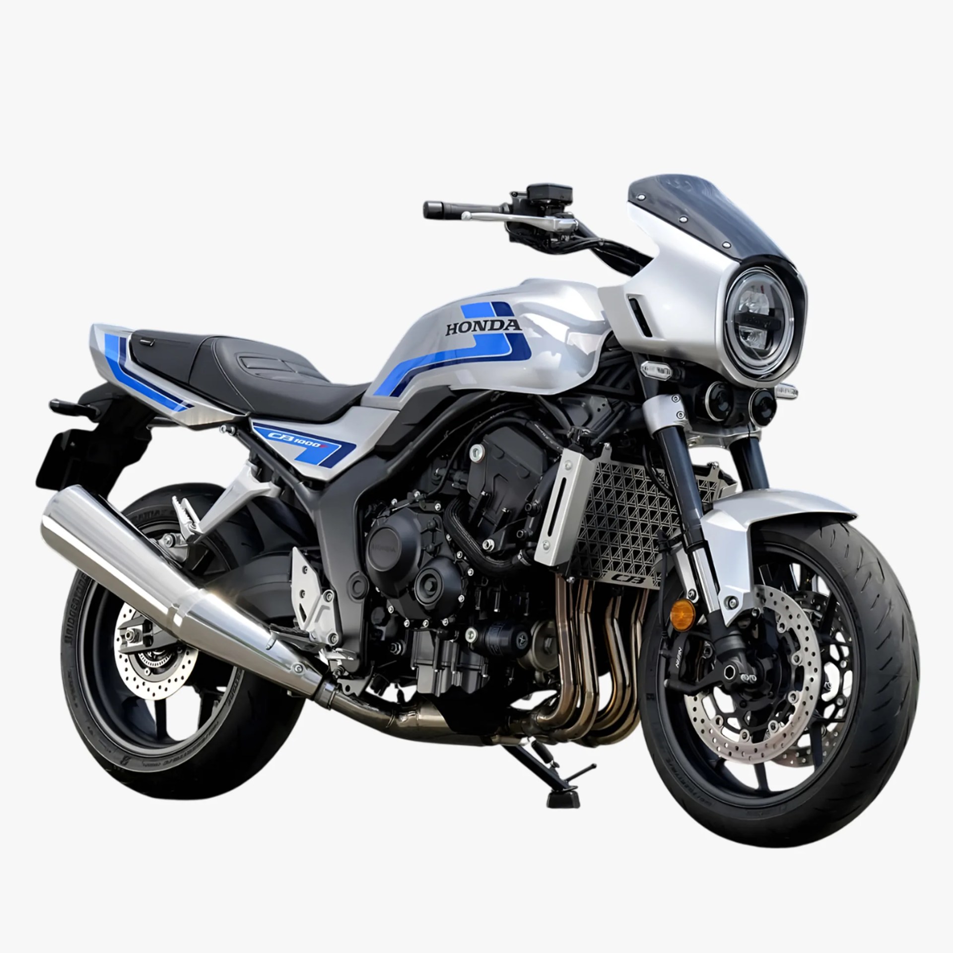 Silver and blue Honda CB1000R motorcycle with a retro-inspired design, featuring a round headlight with a small black windscreen, black frame, and exposed engine components. The bike has a black seat, dual front disc brakes, and a large silver exhaust on the right side.