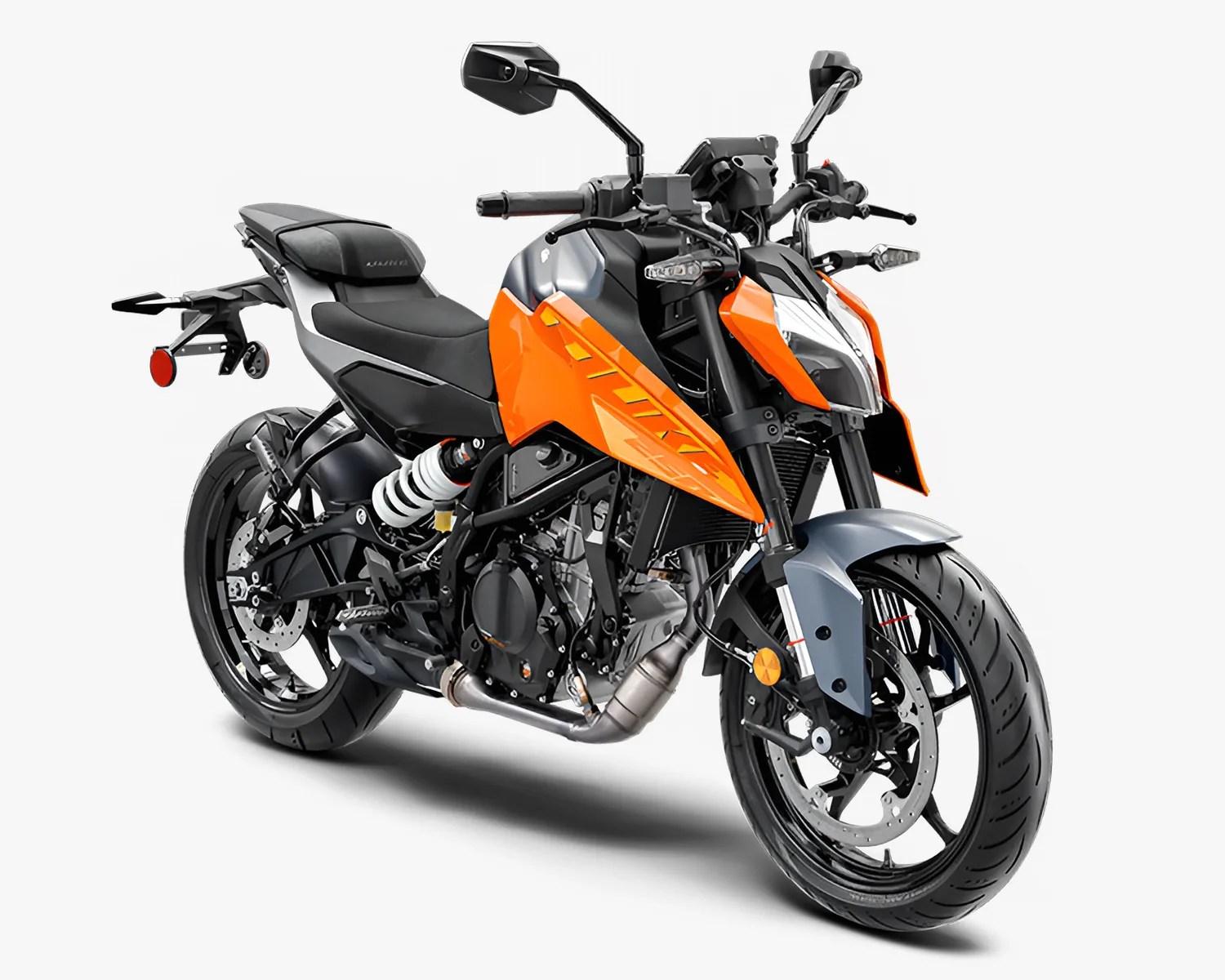 Sporty motorcycle with a sleek design featuring a bright orange and black color scheme, sharp angular body panels, a prominent front headlight, and black alloy wheels with disc brakes. The bike has a single rear shock absorber and a compact, aerodynamic seat.