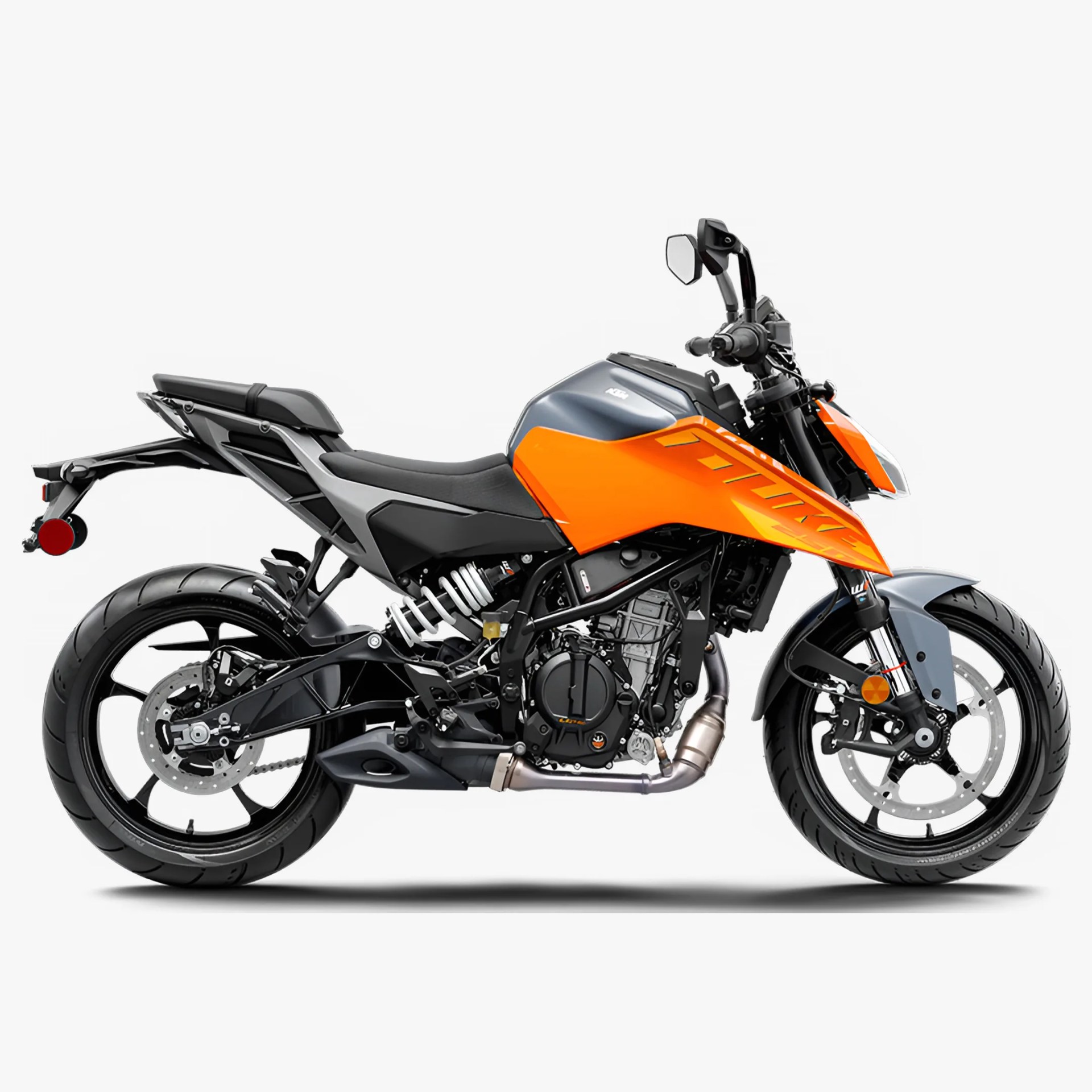Sporty motorcycle with a sleek design featuring a bright orange fuel tank and front fairing, black frame, and black seat. It has a visible rear suspension spring, black alloy wheels with disc brakes, and a compact exhaust system. The handlebars include rearview mirrors, and the overall look is modern and aggressive.