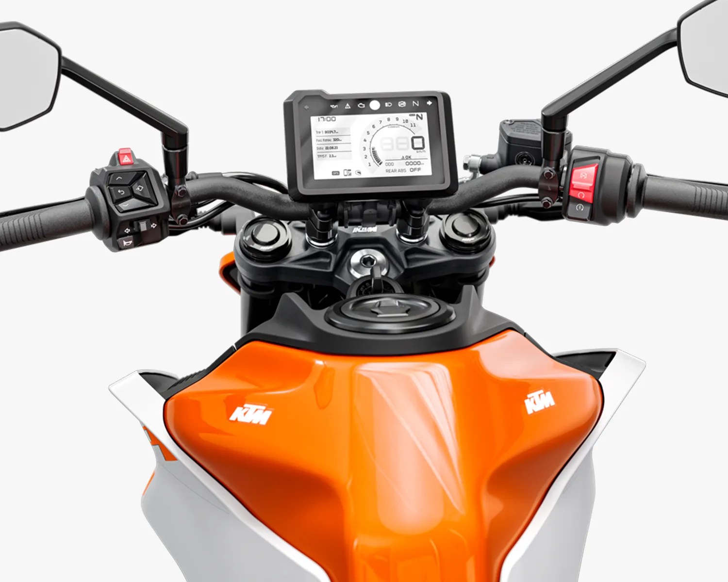 Motorcycle dashboard and handlebars featuring a digital display screen, black grips, control buttons on both sides, and an orange fuel tank with KTM logos on each side.