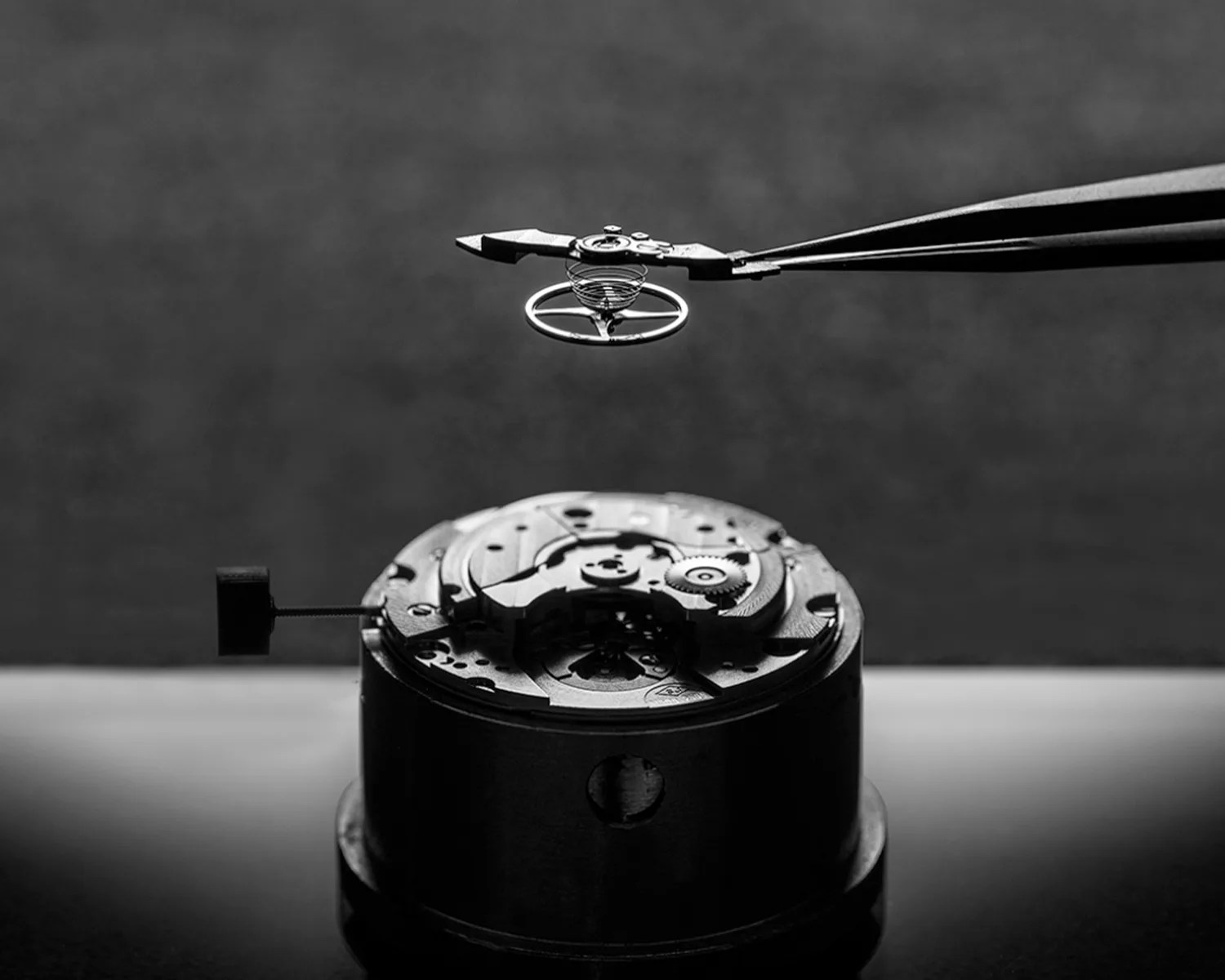 A close-up black and white image of a maurice lacroix watch movement. Tweezers hold a small, intricate watch component with a coiled spring and circular frame above the main watch movement, which is mounted on a cylindrical holder. The background is blurred, emphasizing the delicate details of the watch parts.