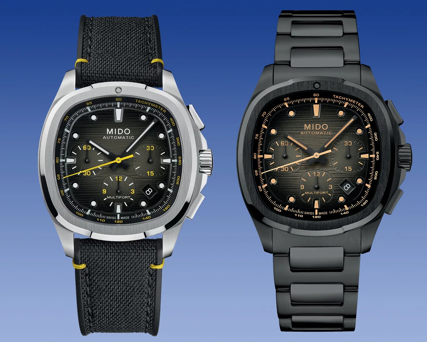 Two Mido Multifort automatic chronograph watches side by side. The left watch has a stainless steel case with a black textured dial featuring yellow accents and a black fabric strap with yellow stitching. The right watch has a black coated case and bracelet with a black textured dial featuring orange accents. Both watches have three subdials, a date window at 4 o'clock, and tachymeter markings on the inner bezel.