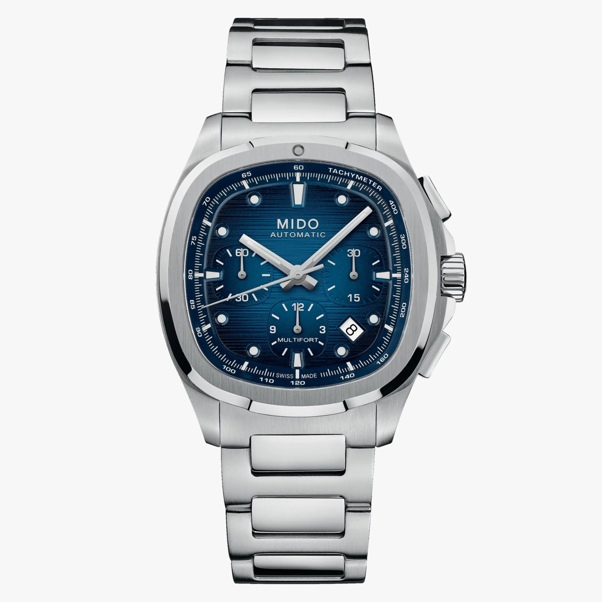 Silver stainless steel wristwatch with a blue textured dial featuring three subdials, a date window at 4 o'clock, and silver hour markers and hands. The watch has a tachymeter scale on the inner bezel and a linked metal bracelet. The brand name "MIDO" and "AUTOMATIC" are displayed below the 12 o'clock position, with "MULTIFORT" above the 6 o'clock subdial.