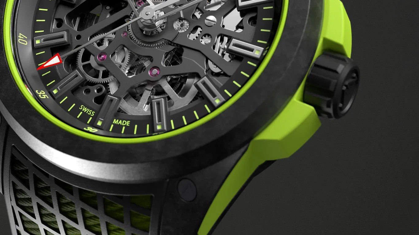 Close-up of a mechanical Norqain wristwatch with a black and neon green color scheme, featuring a skeleton dial that reveals intricate gears and components. The watch has bold, rectangular hour markers, a black bezel, and a textured black strap with green accents. The words "SWISS MADE" are visible near the 6 o'clock position.