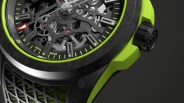 Close-up of a mechanical Norqain wristwatch with a black and neon green color scheme, featuring a skeleton dial that reveals intricate gears and components. The watch has bold, rectangular hour markers, a black bezel, and a textured black strap with green accents. The words "SWISS MADE" are visible near the 6 o'clock position.