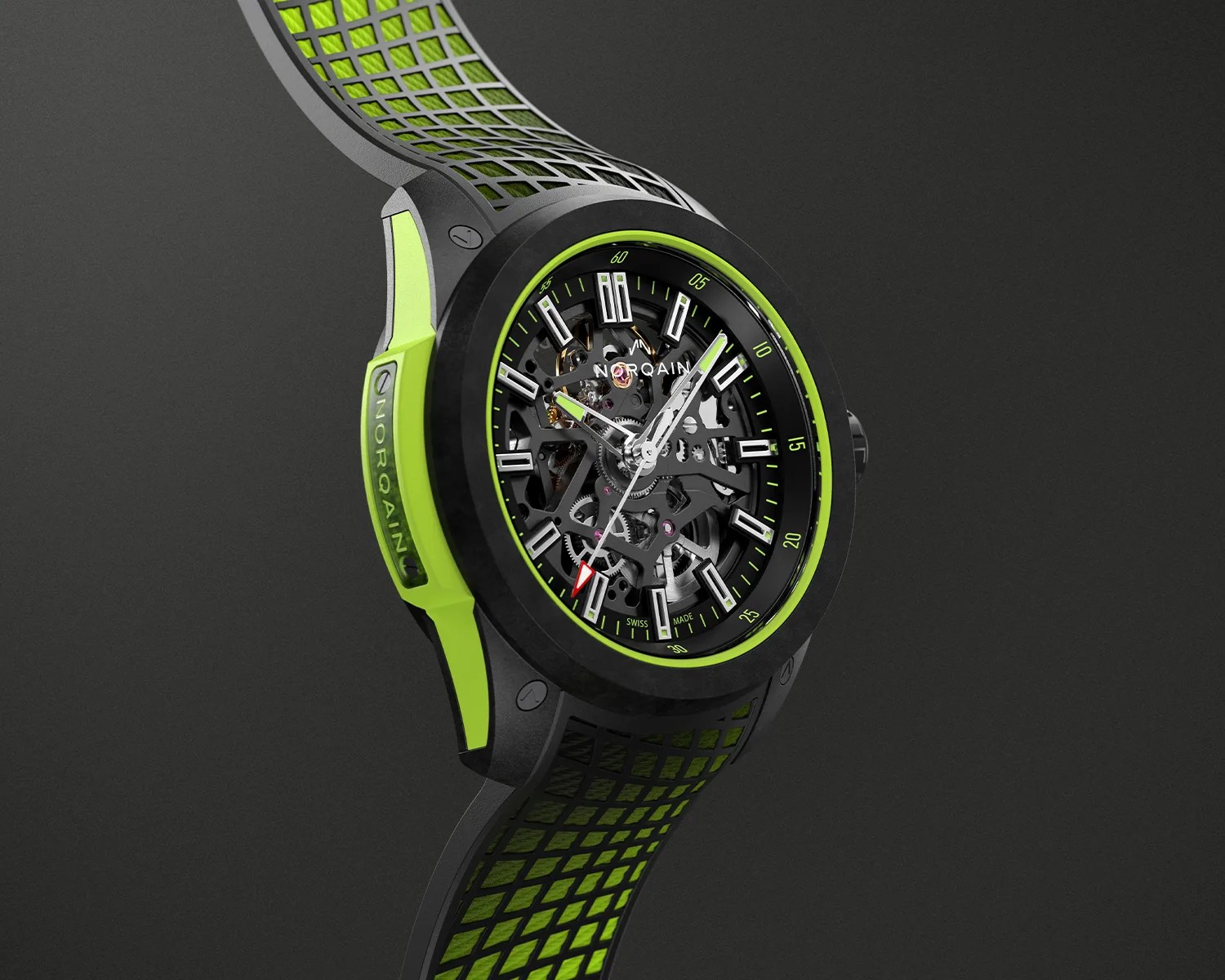 Black and neon green Norqain wristwatch with a skeleton dial showcasing the internal gears. The watch features white hour markers and hands with neon green accents, a red-tipped second hand, and a black bezel with neon green minute markers. The strap has a black grid pattern overlaying neon green material.