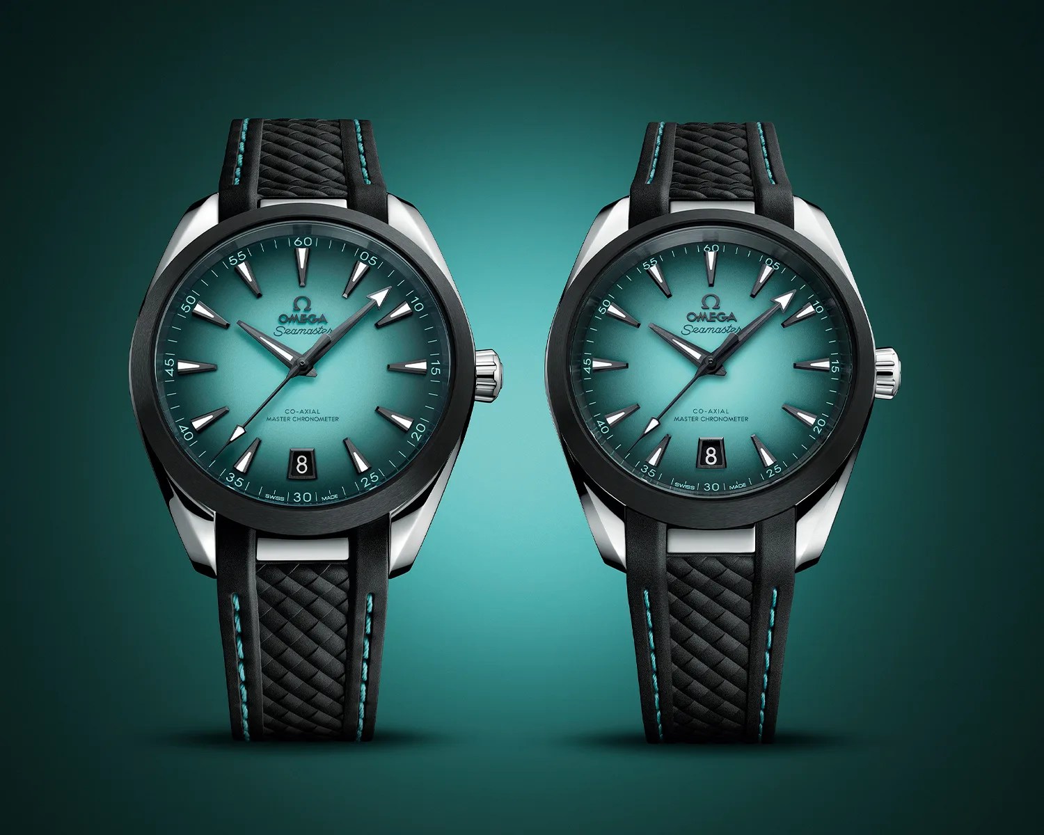 Two Omega Seamaster wristwatches with teal gradient dials, black textured straps with teal stitching, and black bezels. Both watches display the date at the 6 o'clock position and have silver hour markers and hands, with the minute hand featuring a white arrow tip. The background is a matching teal gradient.