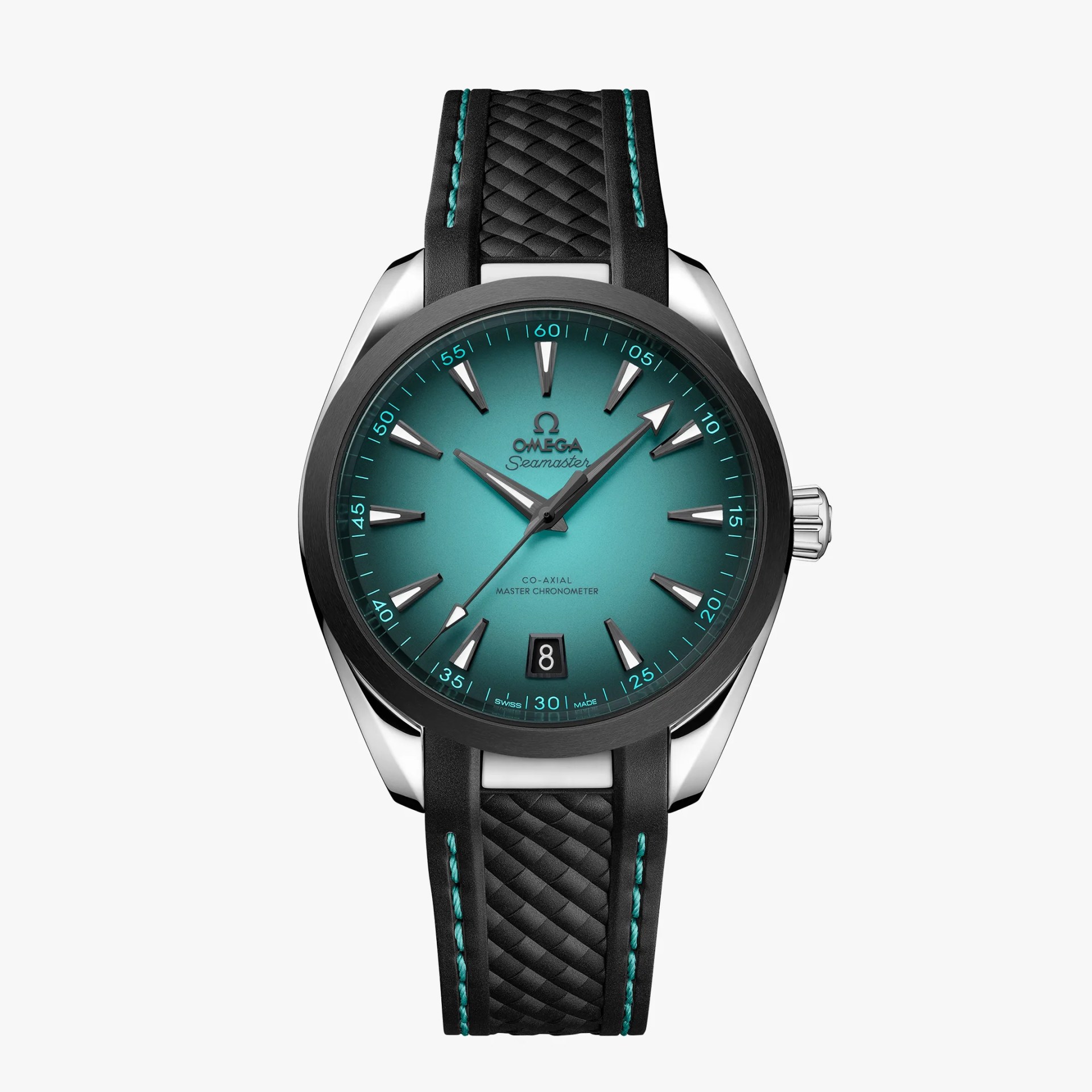 Omega Seamaster wristwatch with a gradient teal dial, silver hour markers, and hands. The watch features a black bezel and a black textured strap with teal stitching. There is a date window at the 6 o'clock position. The dial includes the text "Omega Seamaster," "Co-Axial Master Chronometer," and "Swiss Made.