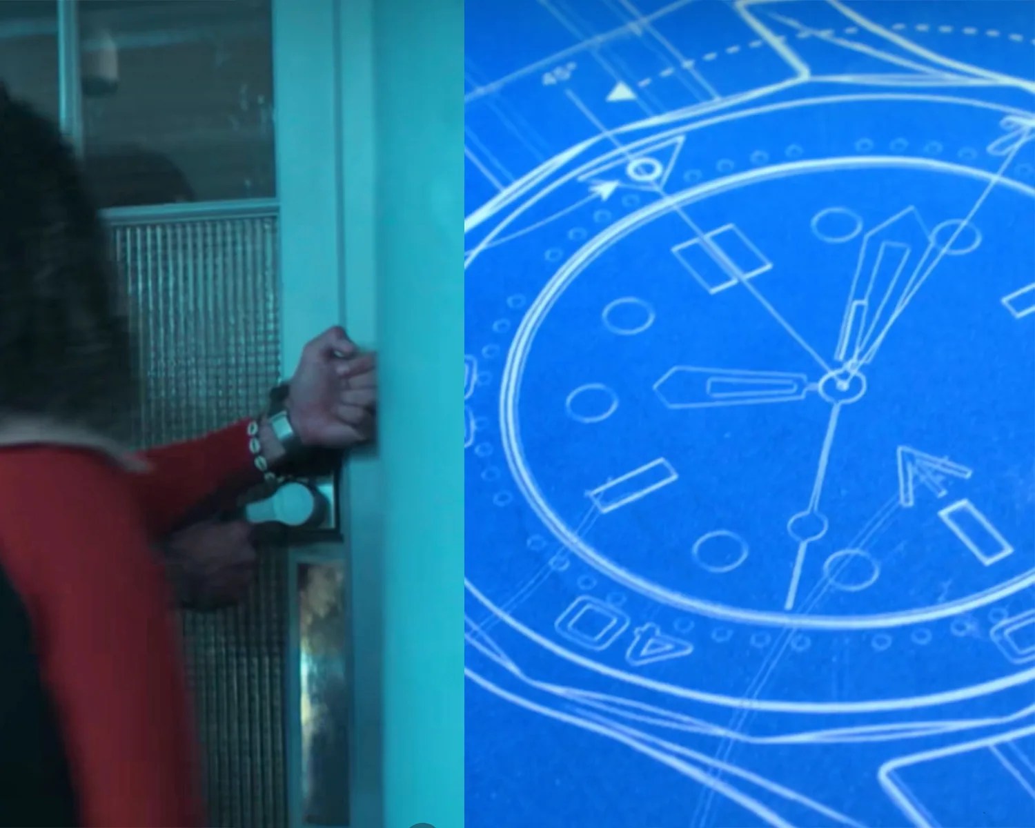 A person wearing a red and black long-sleeve shirt is gripping a door handle with both hands, one wrist adorned with a bracelet and a watch. Next to this, there is a detailed blueprint-style drawing of a watch face, showing the hour, minute, and second hands along with various markings and numbers.