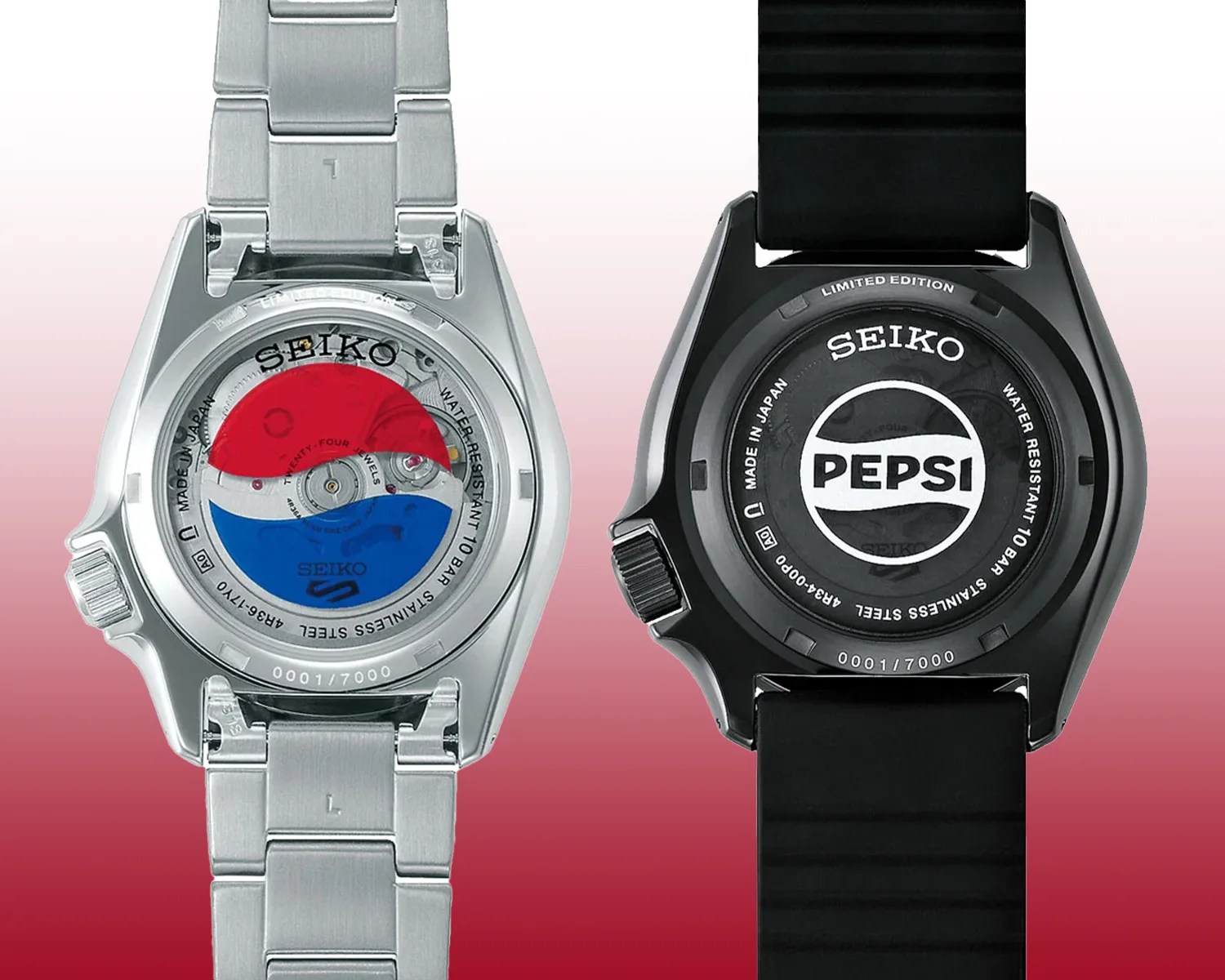 the casebacks of two seiko watches with pepsi logos
