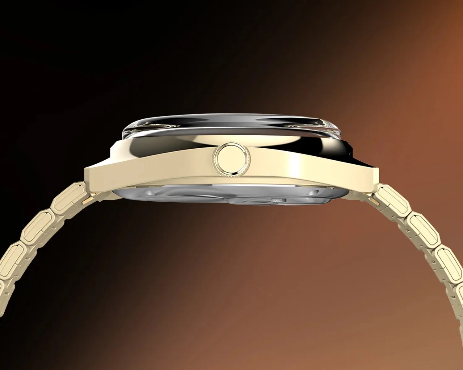Side view of a gold Timex wristwatch with a metal link band and a polished bezel, set against a gradient brown and black background. The watch crown is centered on the side.