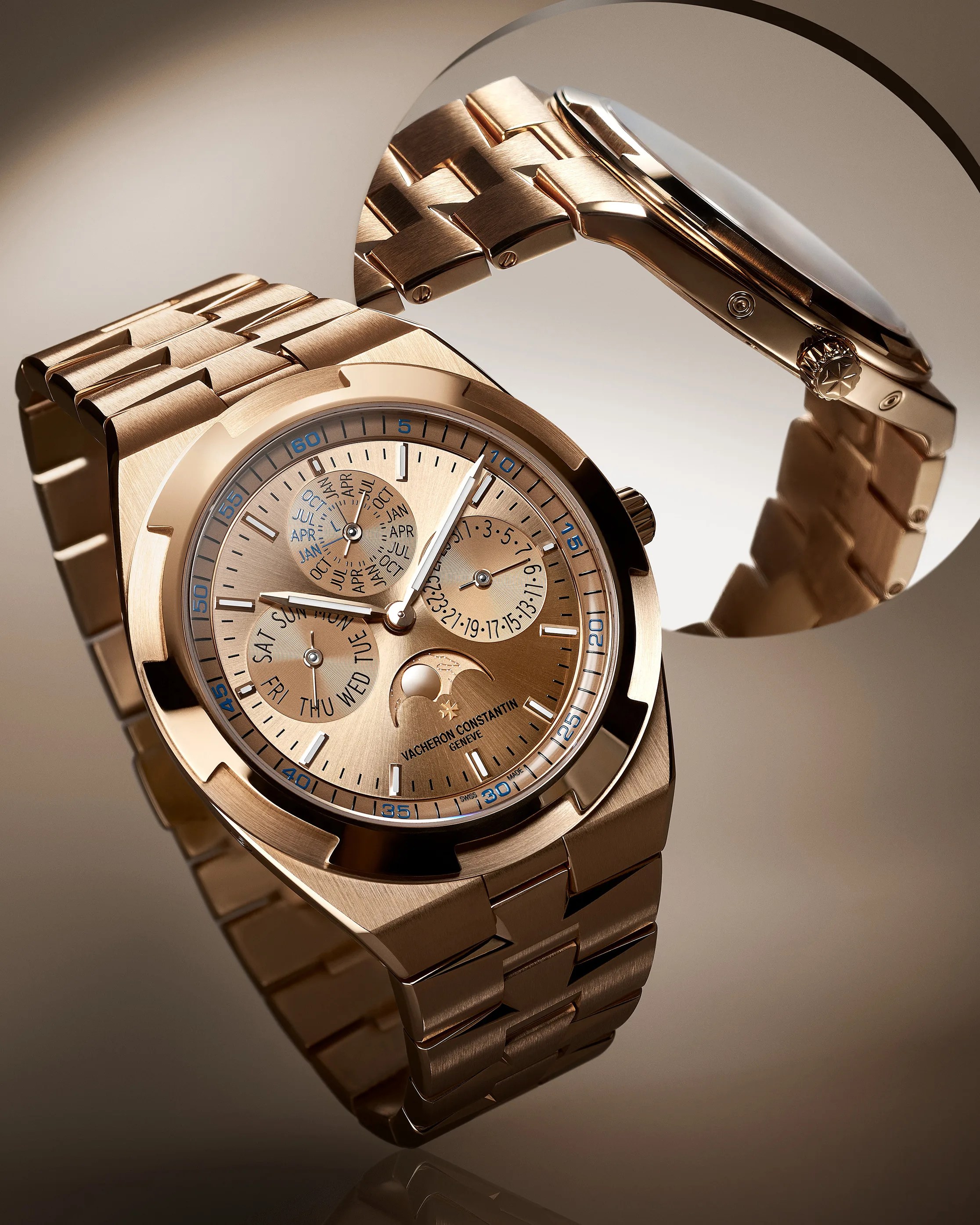 Rose gold Vacheron Constantin wristwatch with a matching rose gold bracelet. The watch face features three subdials displaying months, days of the week, and dates, along with a moon phase indicator. The bezel has a polished finish with notched edges, and the crown is engraved with a star emblem. A circular inset shows a close-up side view of the watch, highlighting the crown and bracelet links.