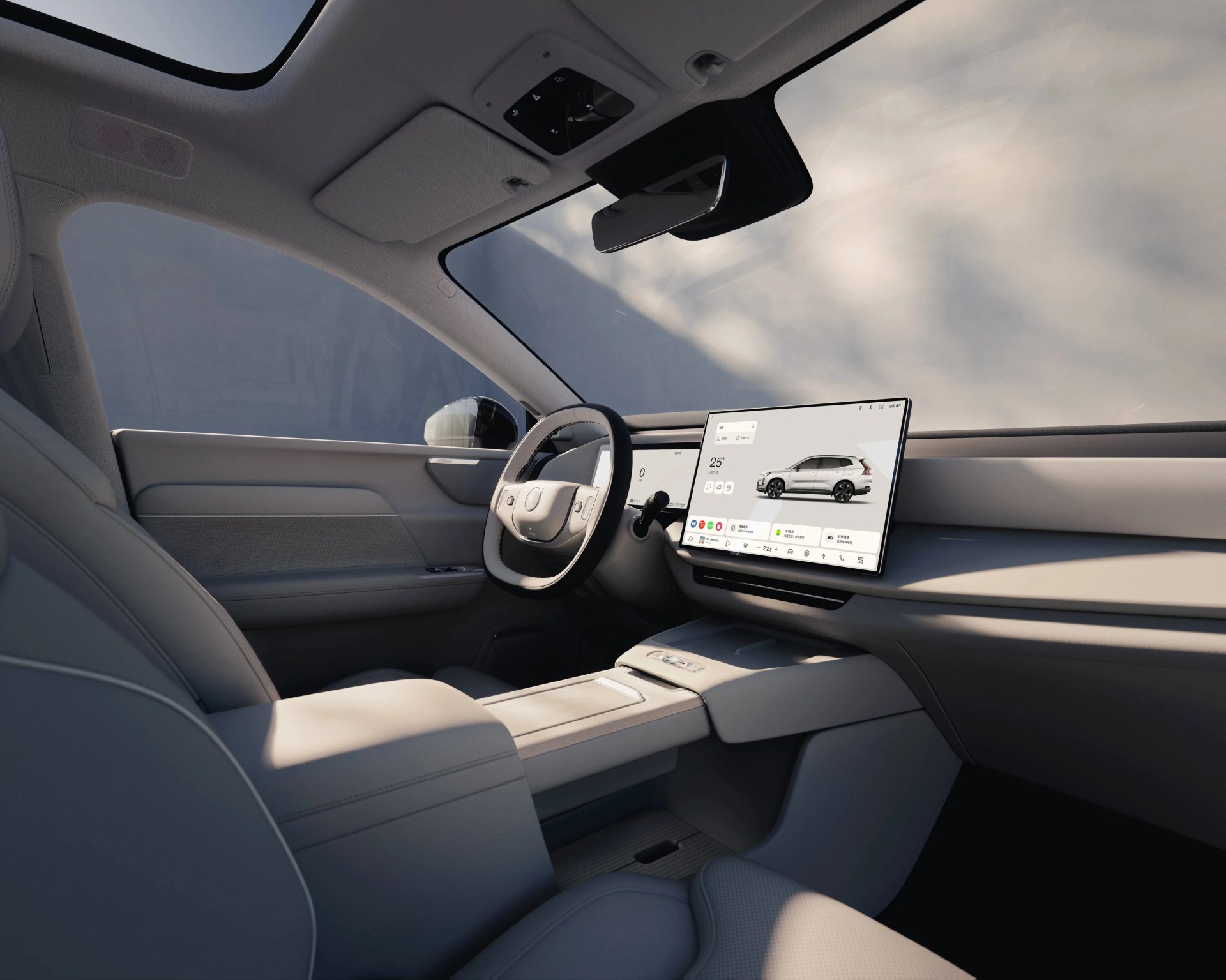 Minimalist car interior with light gray upholstery, featuring a large central touchscreen display on the dashboard, a digital instrument cluster behind the steering wheel, and a panoramic sunroof. The design emphasizes clean lines and modern technology.