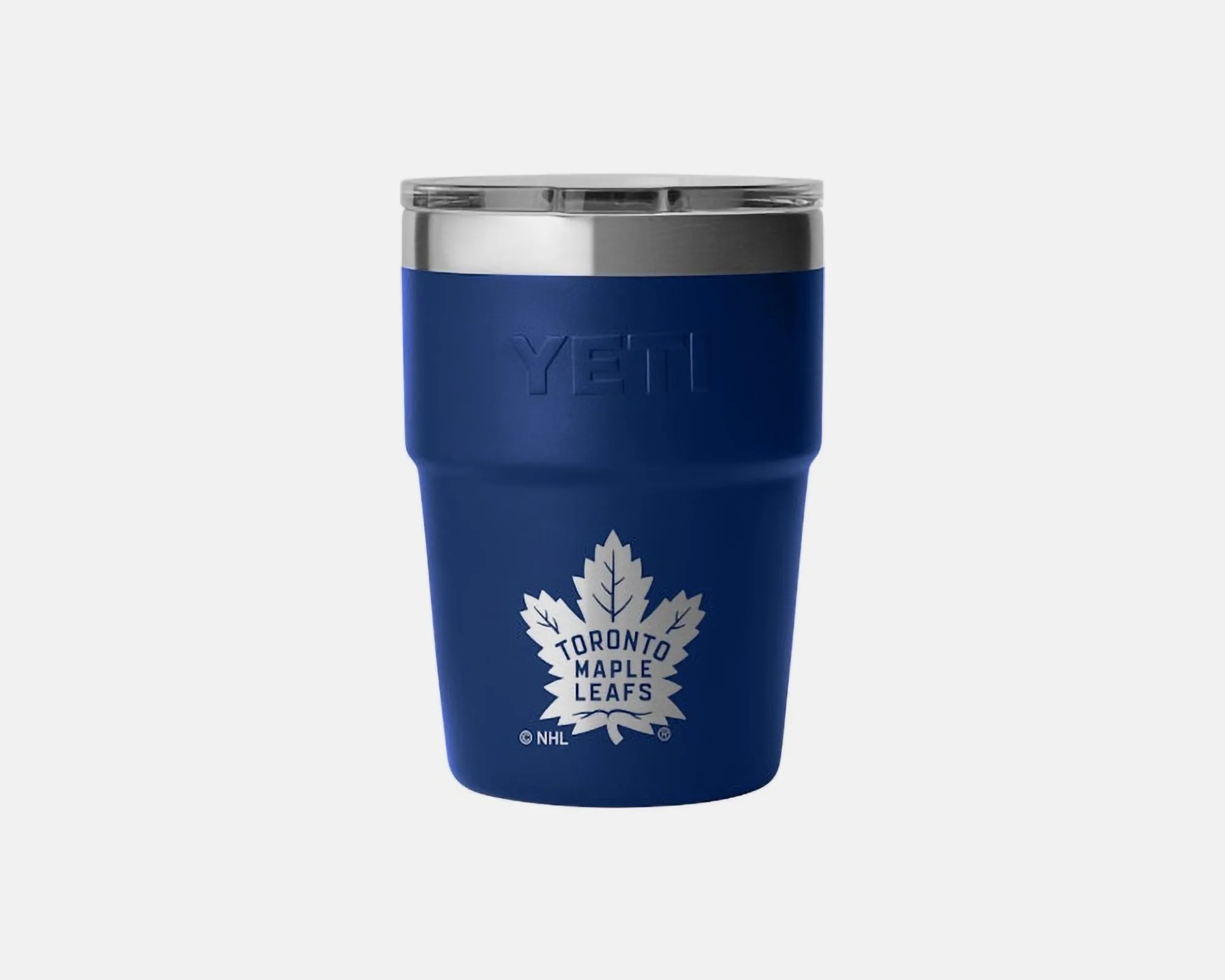 Blue YETI tumbler with a silver lid, featuring the Toronto Maple Leafs logo and text on the front.
