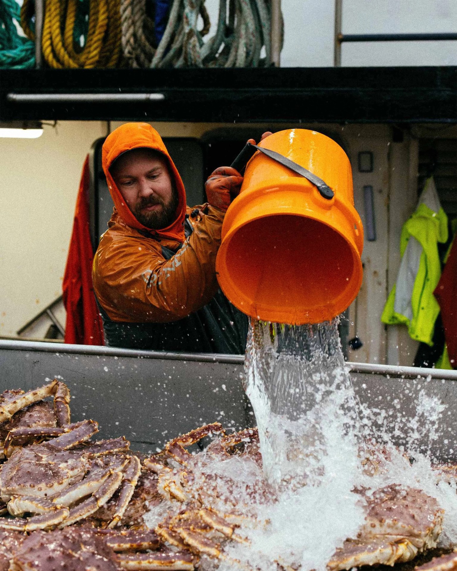 fisherman dumping water on a bed of crabs using an orange bucket