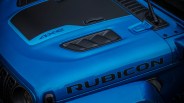 Blue Jeep Rubicon hood with black vent and "4xe" decal near the windshield.
